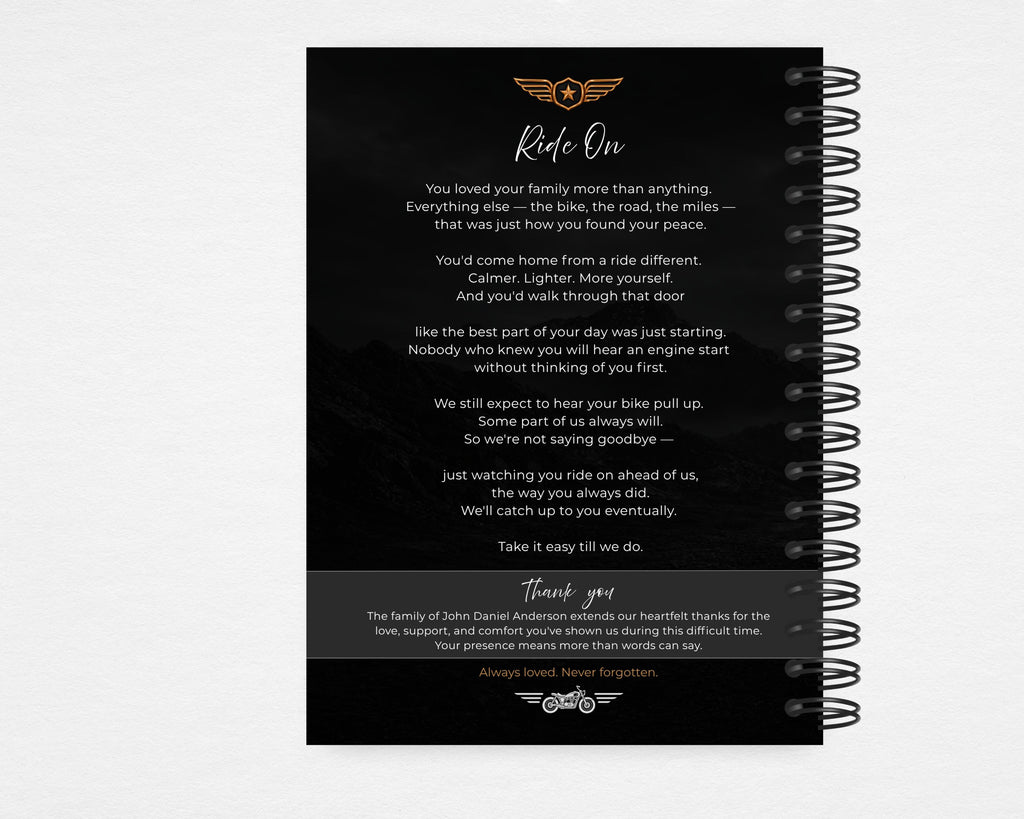 Beyond the Open Road memorial guest book back cover, black spiral-bound design with the original “Ride On” poem, copper winged motorcycle emblem, thank-you panel, and small motorcycle mark, Standard size.