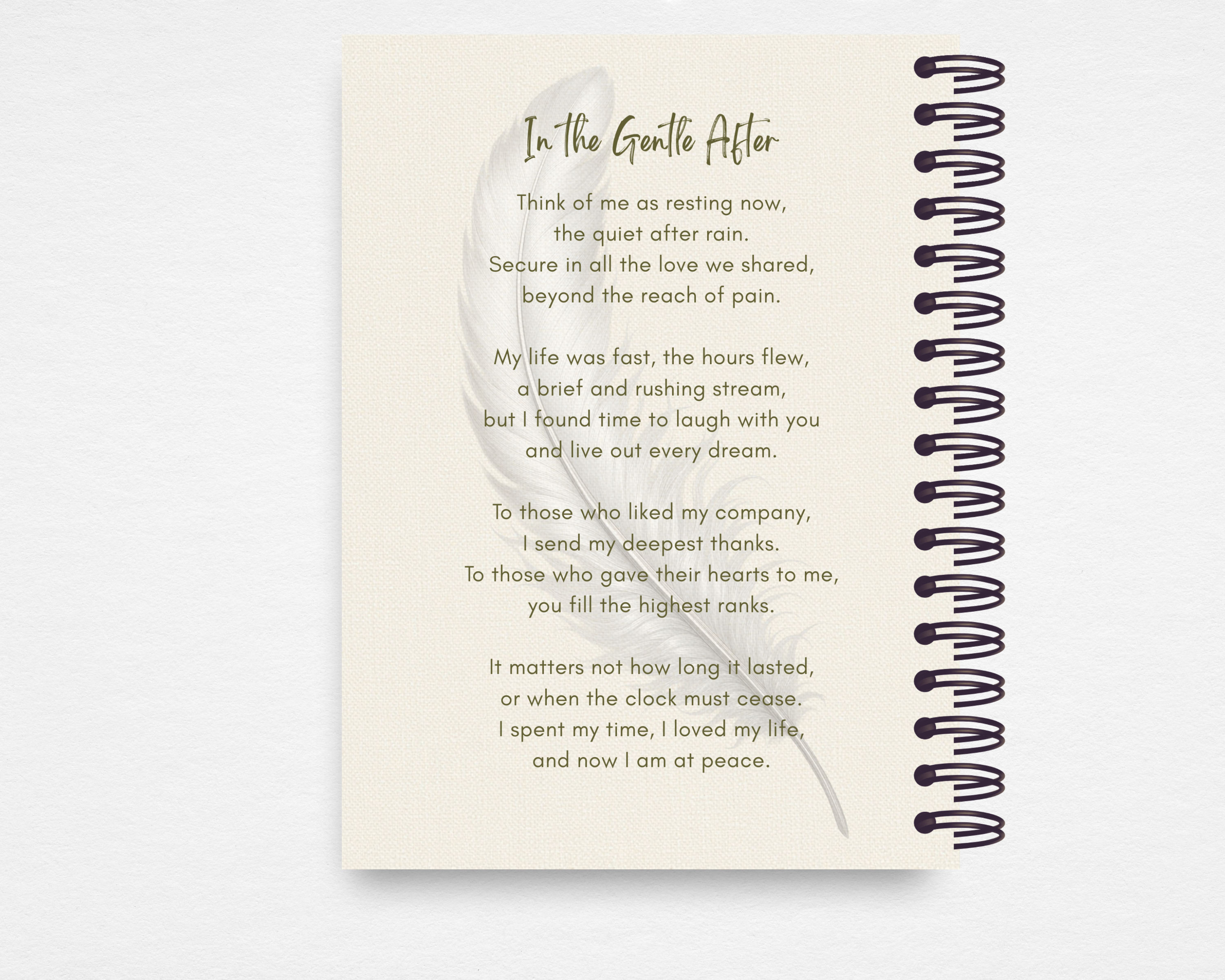 Botanical Heart Memorial Guest Book back cover mockup showing closing poem titled In the Gentle After with feather watermark on cream background, spiral binding visible
