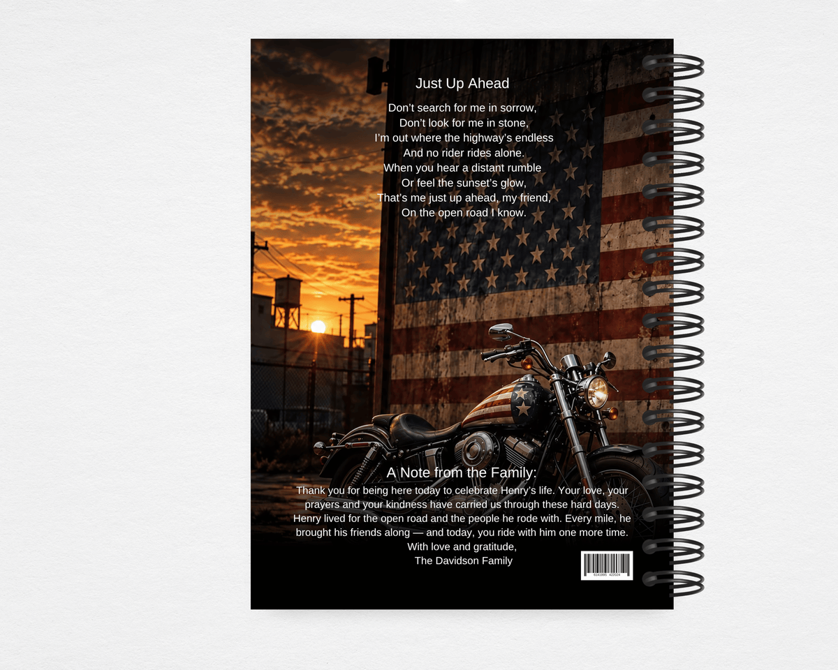 Patriotic Motorcycle memorial guest book back cover with motorcycle, American flag at sunset and the poem Just Up Ahead