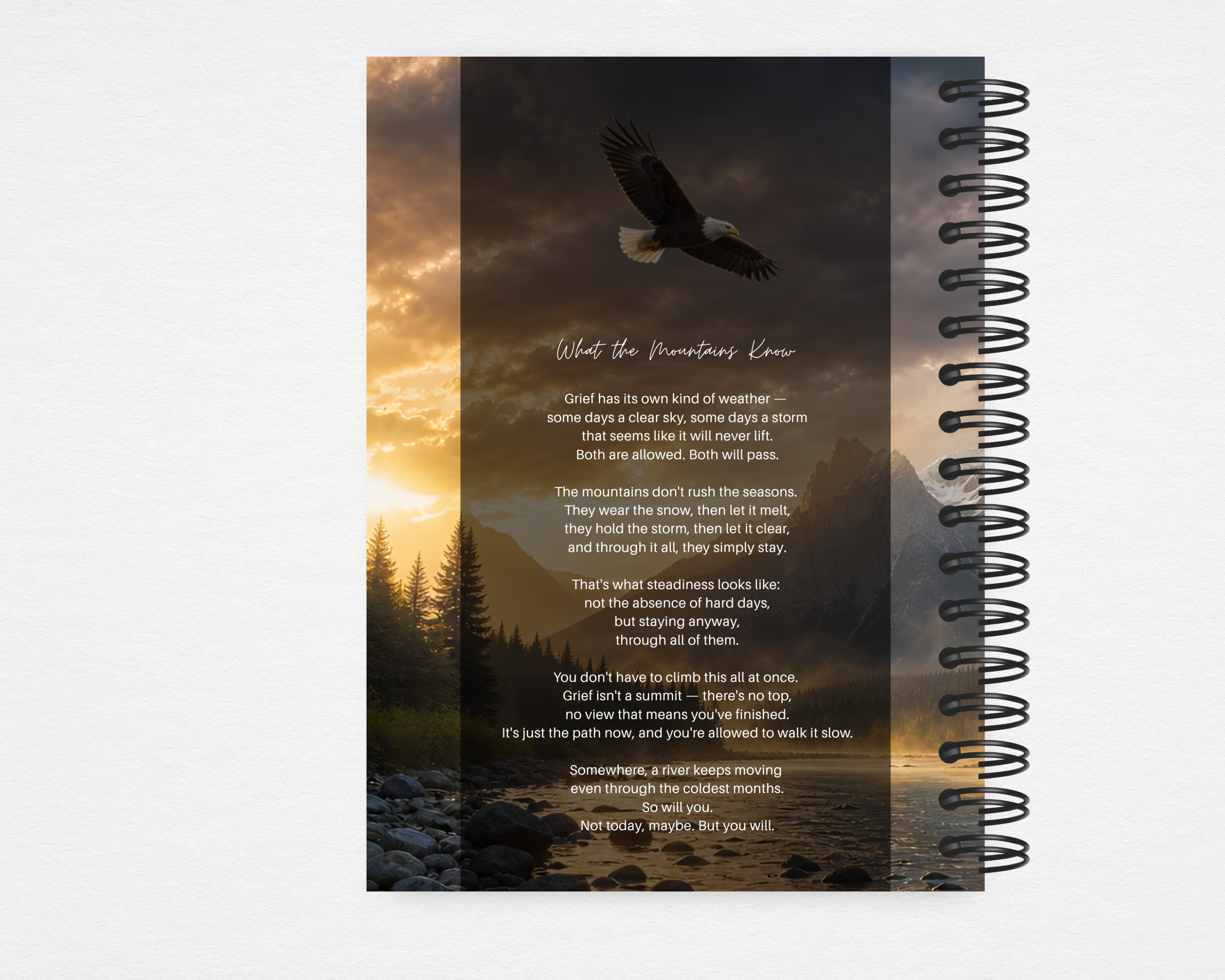 Summit & Sky — Eagle's Ridge memorial guest book back cover — bald eagle soaring above dramatic mountain sunset landscape, original poem "What the Mountains Know" in white script, spiral bound