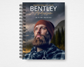 Summit & Sky — Eagle's Ridge memorial guest book cover — man in rust beanie and flannel, portrait blended into stormy mountain landscape with dark pines and golden light breaking through clouds, bold white and gold script name, spiral bound