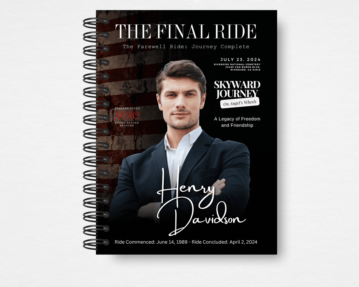 Patriotic Motorcycle memorial guest book template front cover, magazine style with flag and script name, editable in Canva