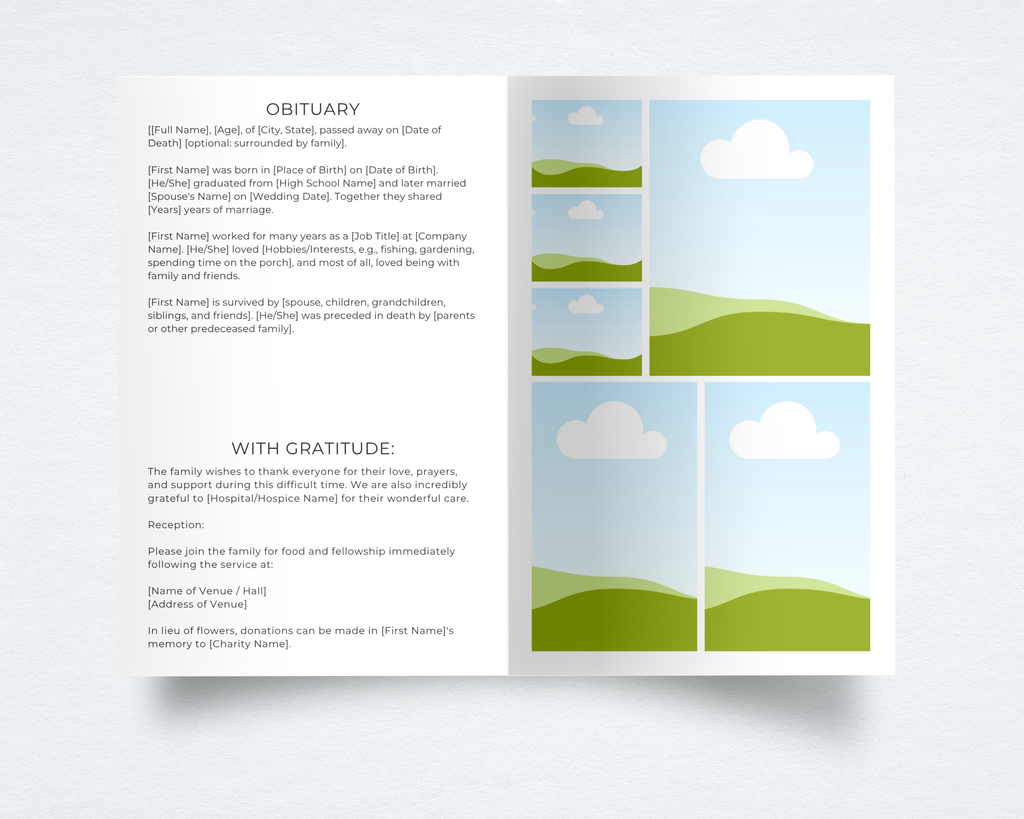 Funeral program template interior — obituary page with editable text and photo collage layout