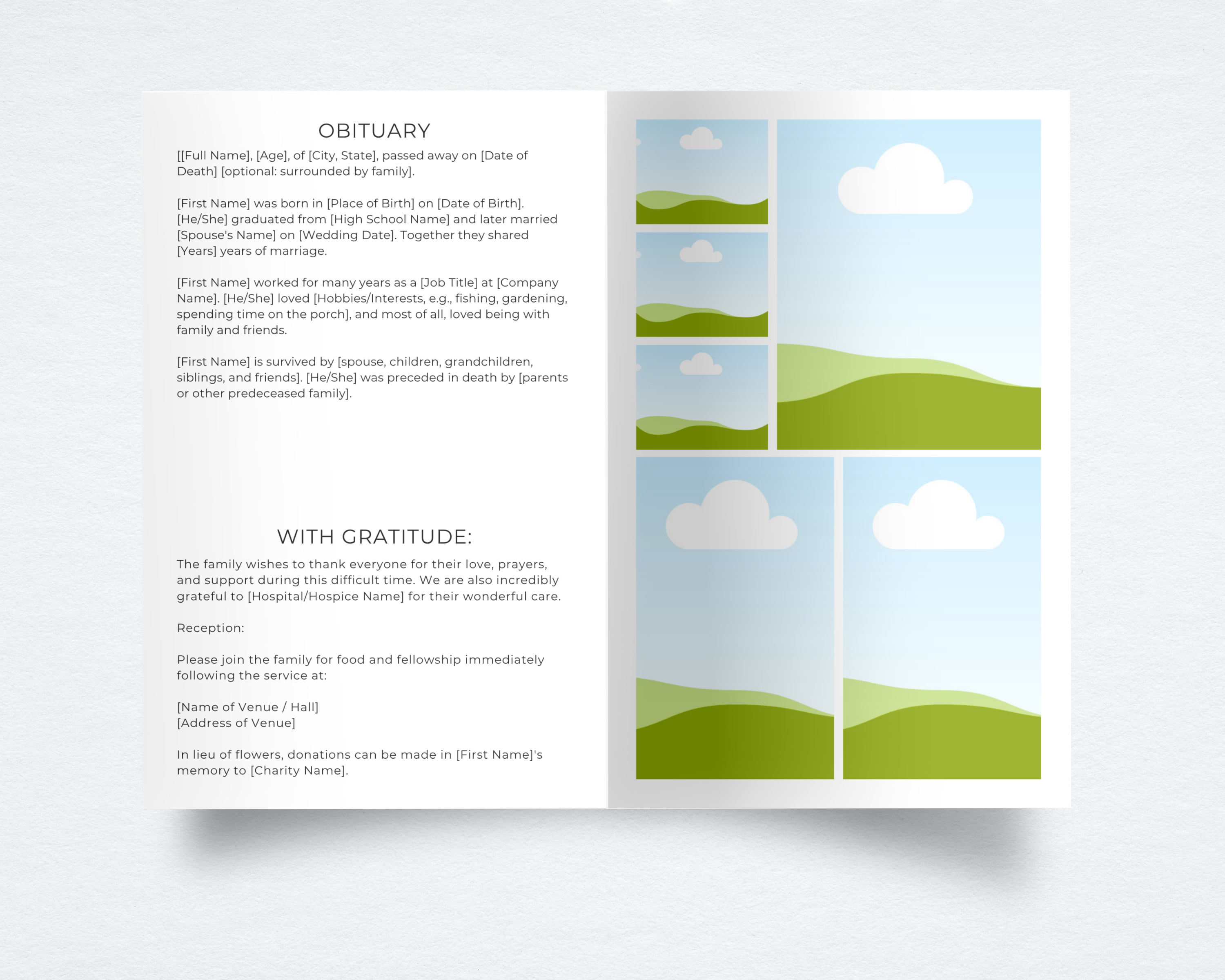 Funeral program template interior — obituary page with editable text and photo collage layout