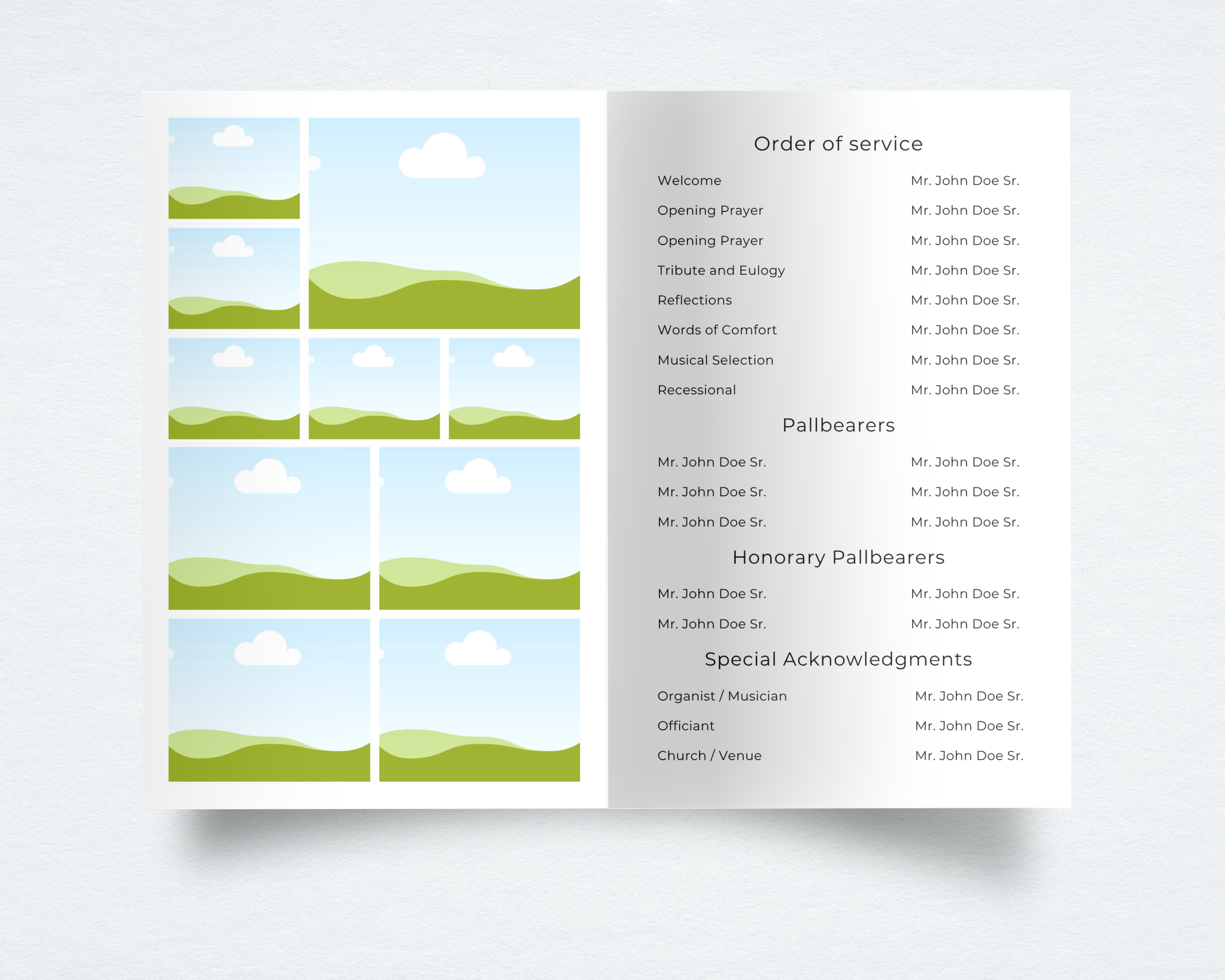 Funeral program template interior — photo collage page and order of service with pallbearers and acknowledgments