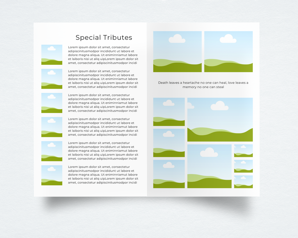 Funeral program template interior — special tributes page with photo and text entries alongside memorial photo collage