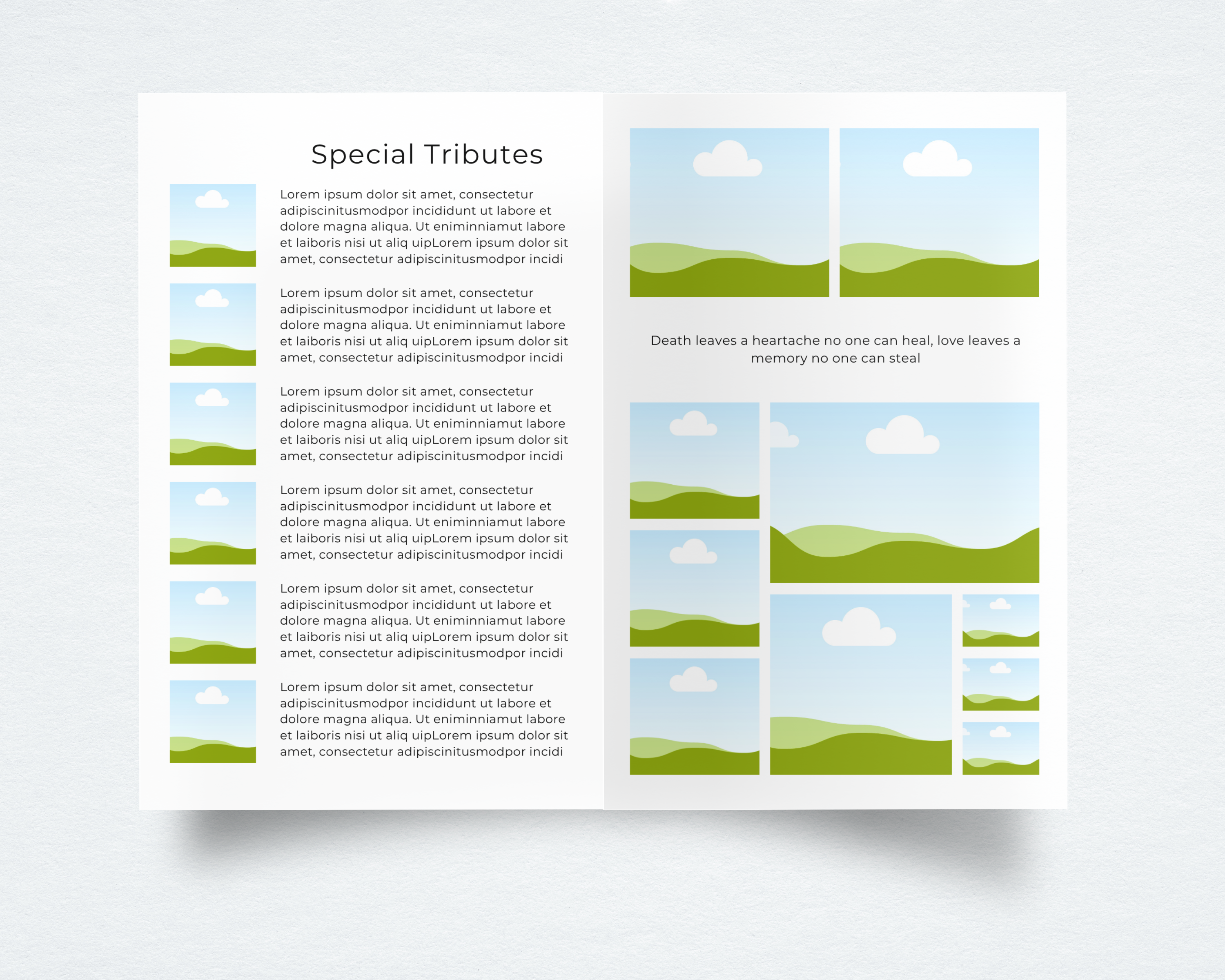 Funeral program template interior — special tributes page with photo and text entries alongside memorial photo collage