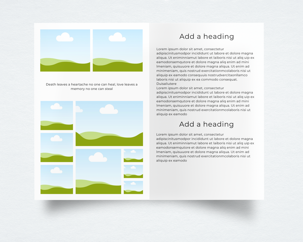 Funeral program template interior — photo collage pages with editable freeform tribute text sections