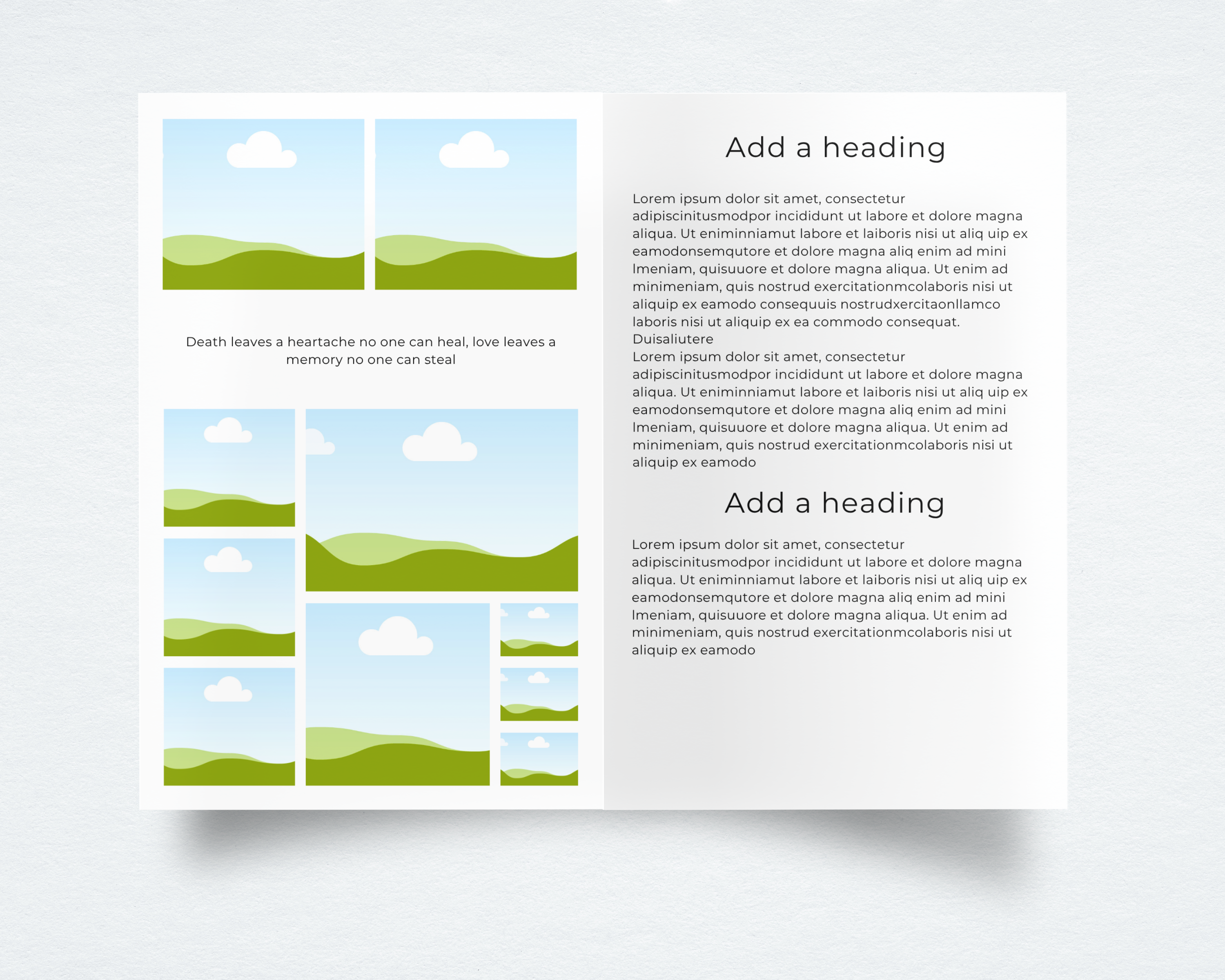 Funeral program template interior — photo collage pages with editable freeform tribute text sections