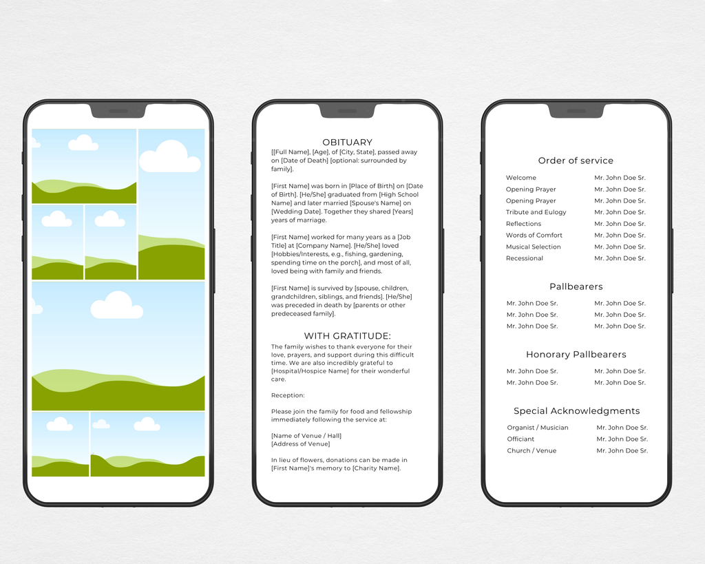 Funeral program template shown on three phones — obituary, order of service, pallbearers, and acknowledgments pages