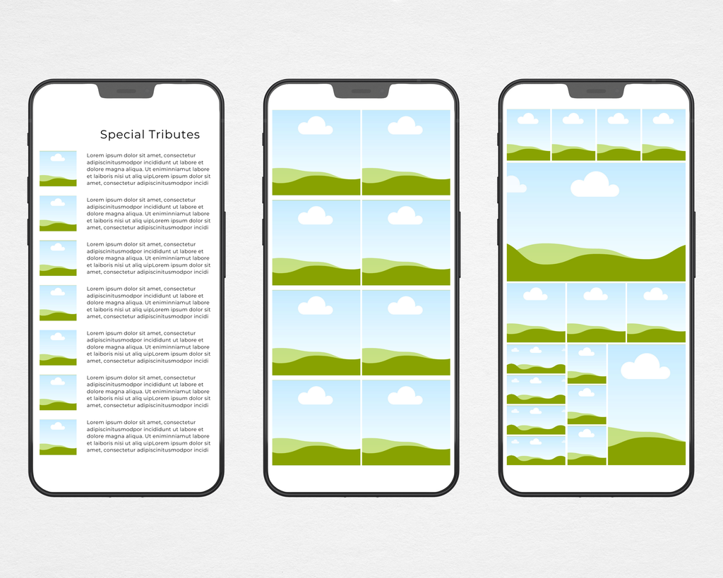 Funeral program template shown on three phones — special tributes page and photo collage interior pages