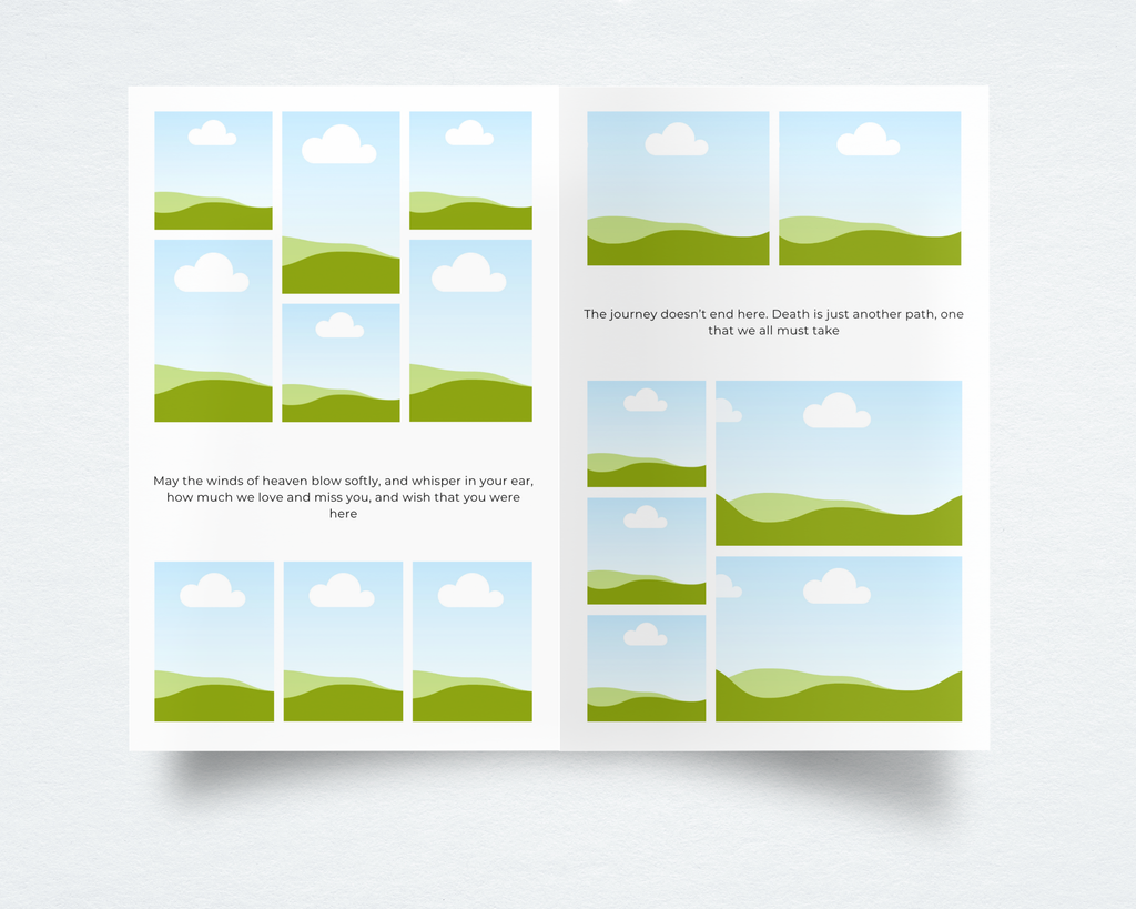 Funeral program template interior — photo collage pages with editable memorial quote placeholders