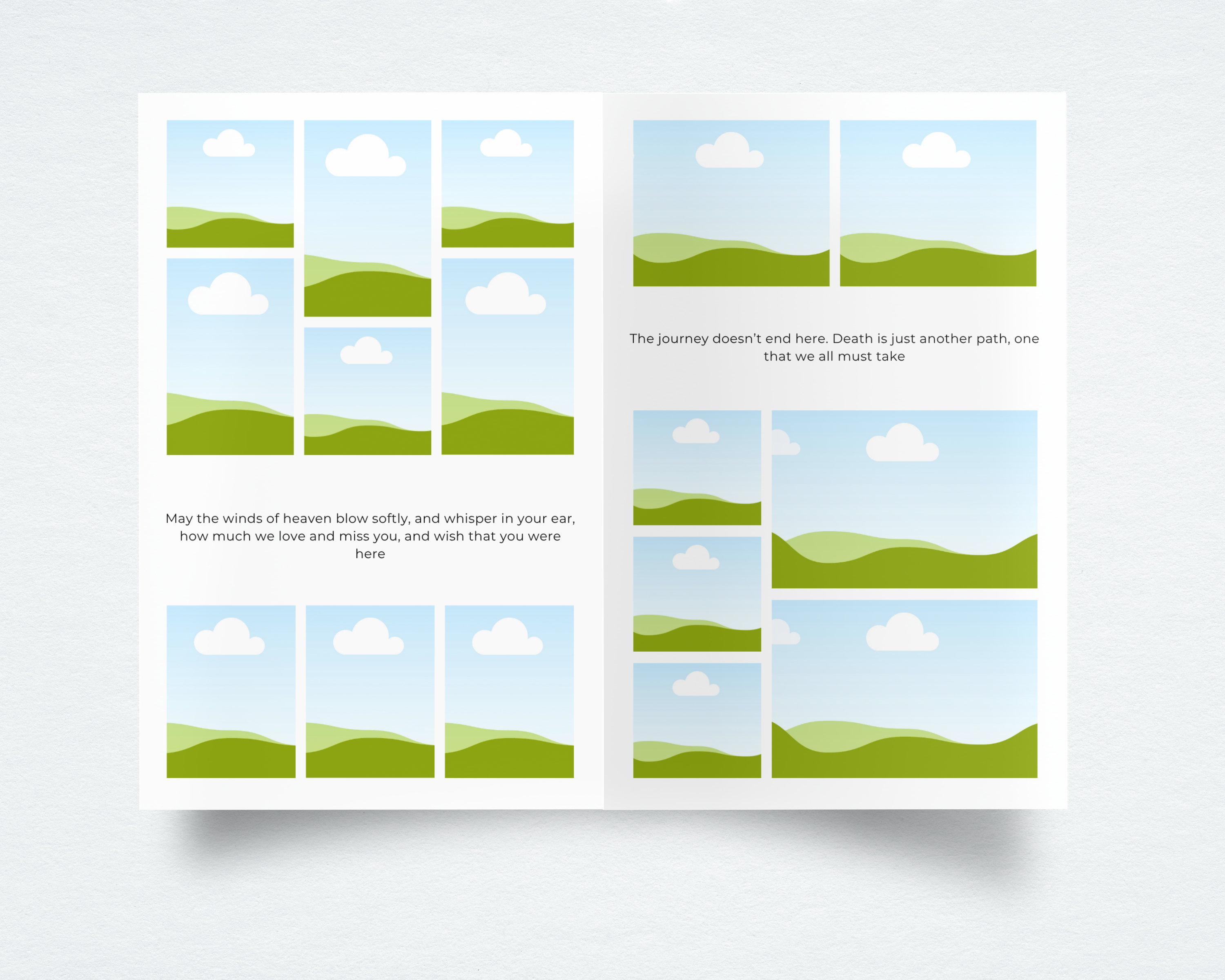 Funeral program template interior — photo collage pages with editable memorial quote placeholders