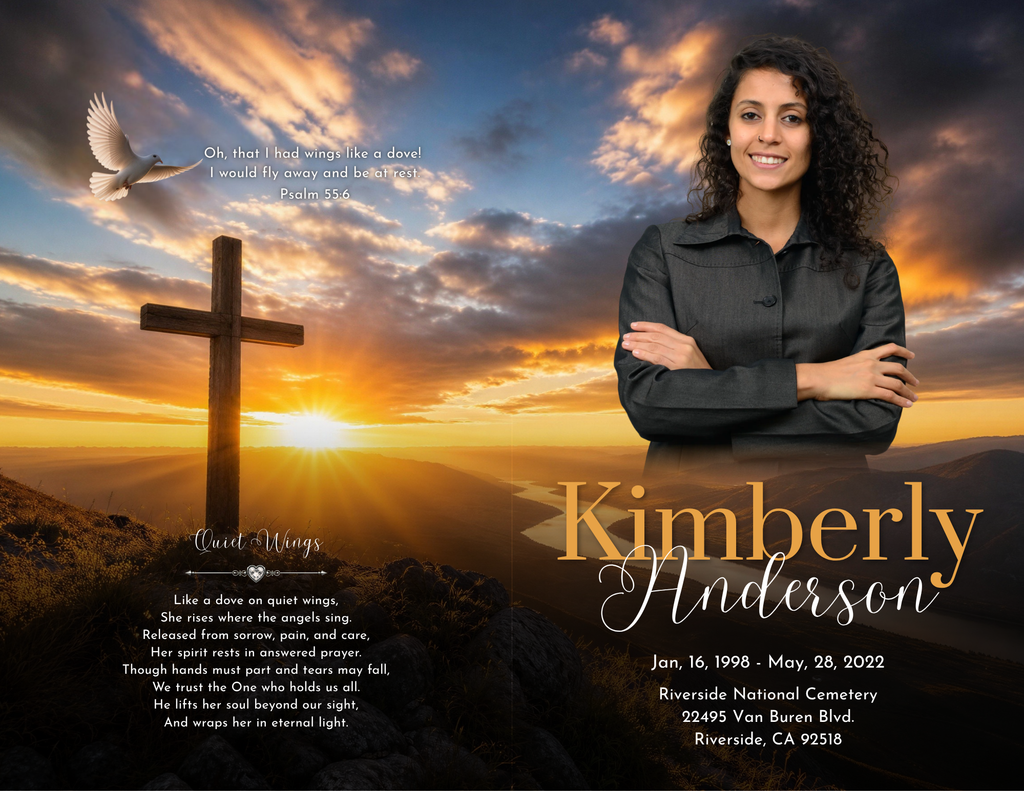 Quiet Wings funeral program template front and back cover mockup — watercolor cross and dove back cover with Psalm 55:6, blended portrait front cover