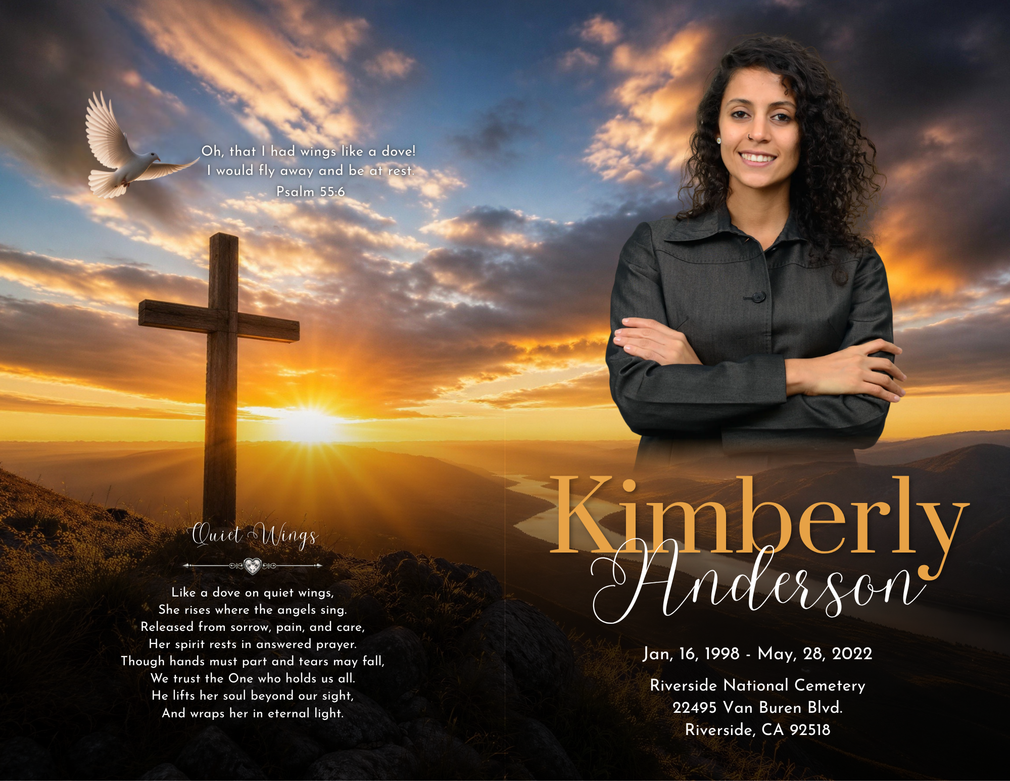 Quiet Wings funeral program template front and back cover mockup — watercolor cross and dove back cover with Psalm 55:6, blended portrait front cover