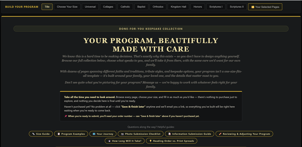 Your Program Portal — browse pages by tradition, choose your size, and build your program at your own pace