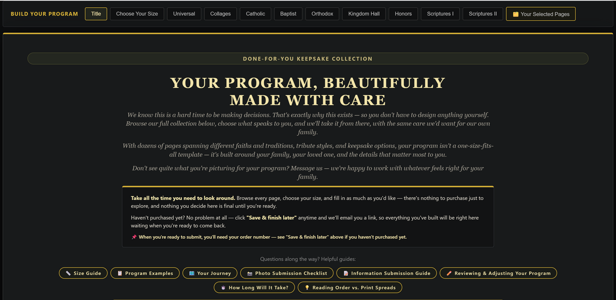 Your Program Portal — browse pages by tradition, choose your size, and build your program at your own pace