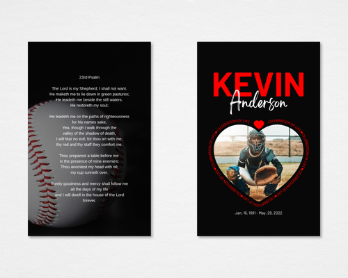 Heart of the Game memorial prayer card — black background with close-up baseball and 23rd Psalm on front; heart-shaped photo placeholder with "Celebration of Life" circular border text, bold red and white name, and dates on back — front and back