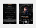 Beyond the Open Road funeral program mockup showing a black memorial cover with copper motorcycle details and a portrait beside a back page with the Ride On poem, Standard size