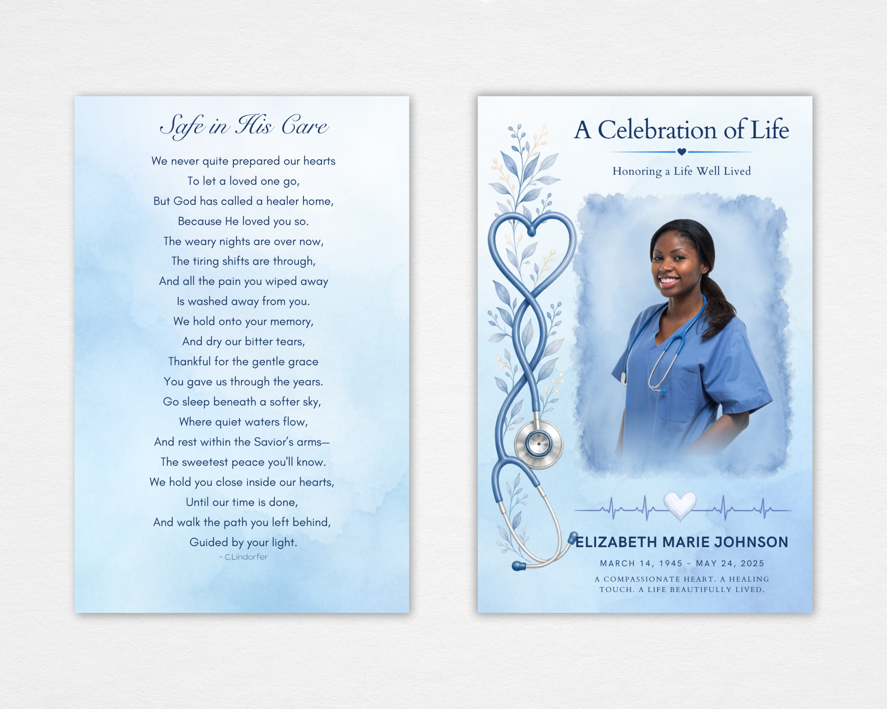 Steady Hands memorial funeral program template — soft blue watercolor with heart stethoscope design and original poem, editable Canva instant download
