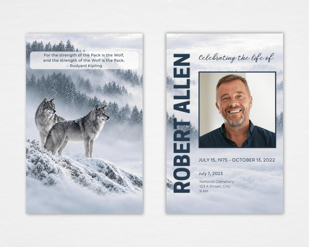 Standard funeral program front and back mockup with a framed portrait, bold vertical name, and misty winter forest; the back shows two gray wolves on a snowy rise beneath a Rudyard Kipling quotation.
