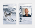 Standard funeral program front and back mockup with a framed portrait, bold vertical name, and misty winter forest; the back shows two gray wolves on a snowy rise beneath a Rudyard Kipling quotation.