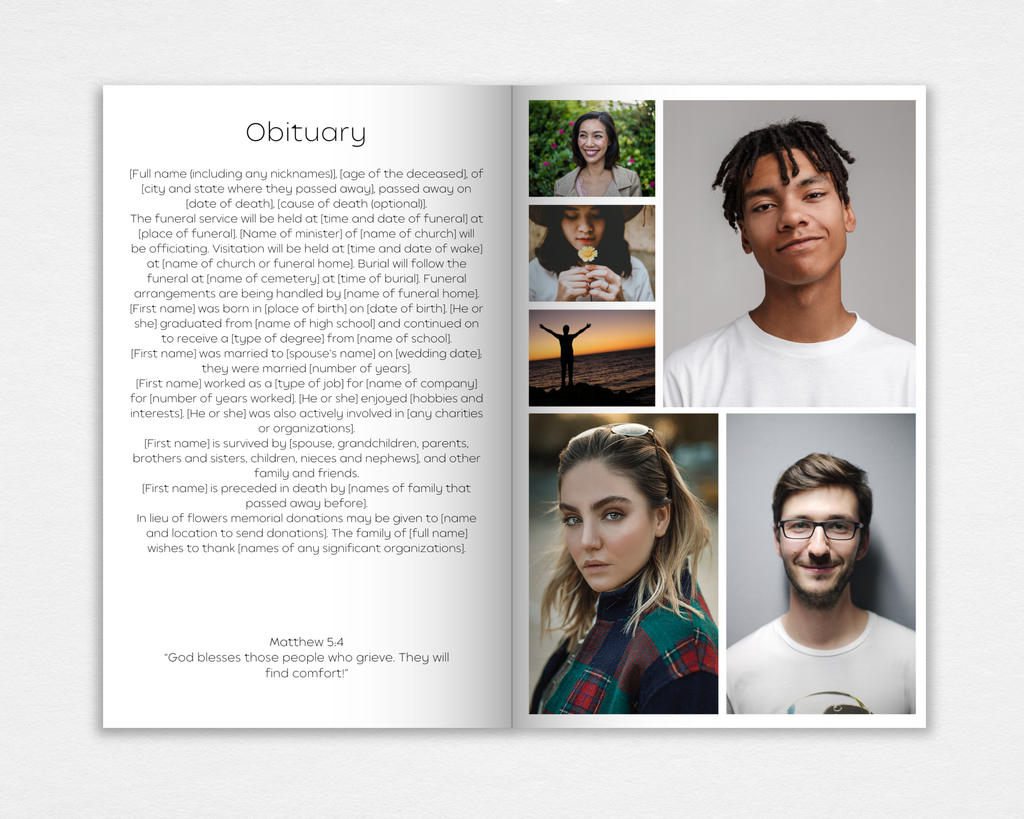 Interior obituary page of editable funeral program template with photo collage and scripture verse
