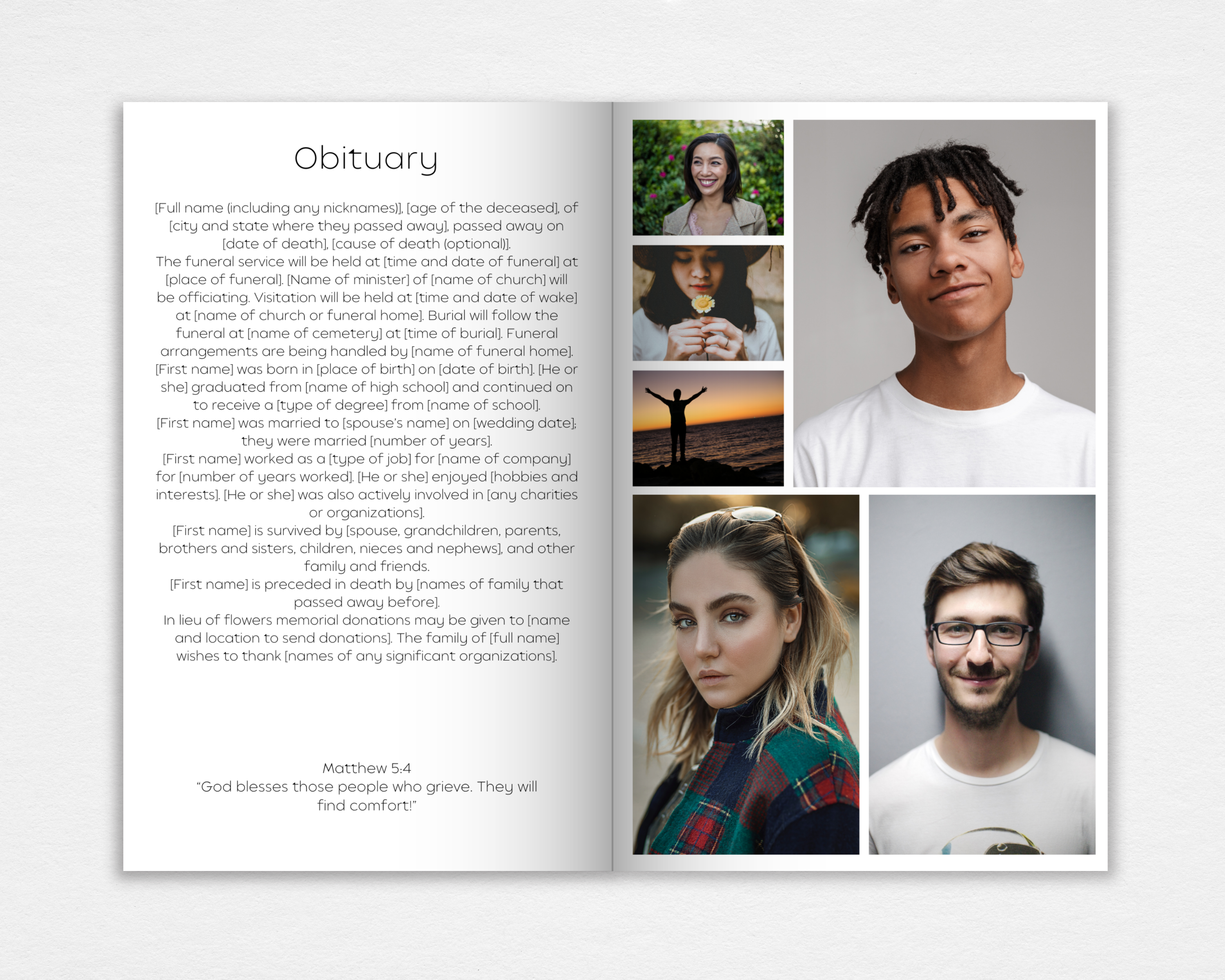 Interior obituary page of editable funeral program template with photo collage and scripture verse