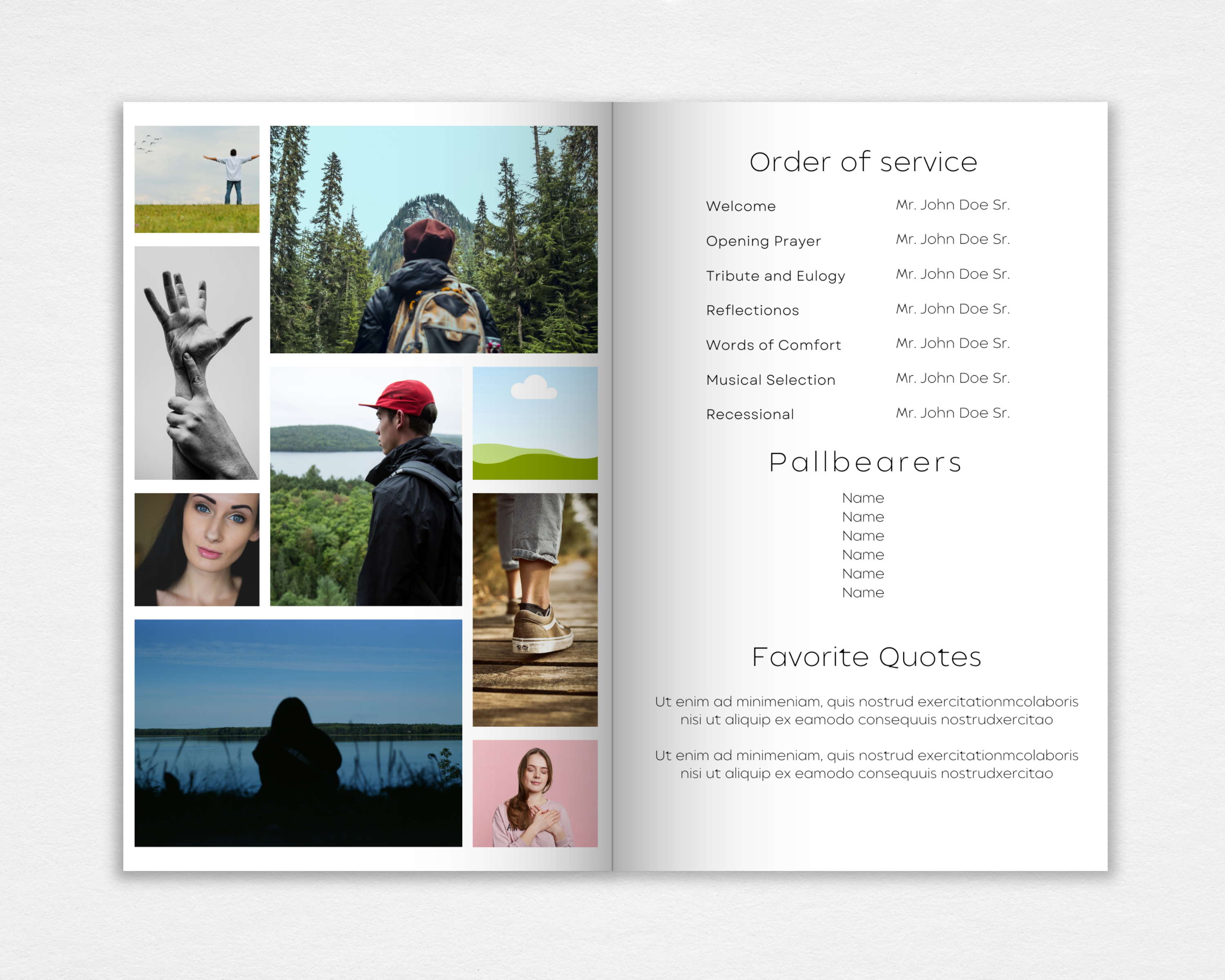 Order of service and pallbearers page of editable funeral program template
