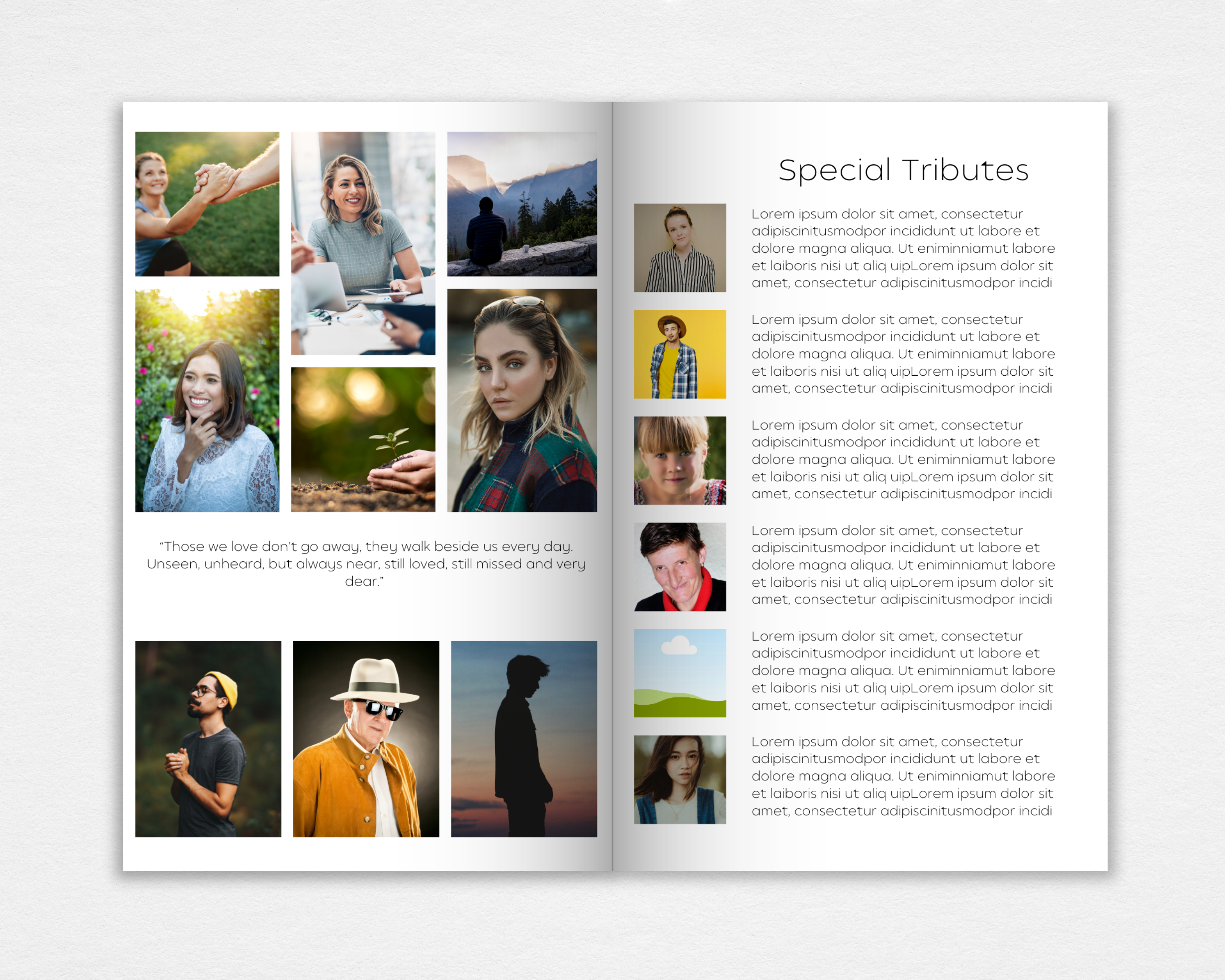 Special tributes memorial pages of editable funeral program template with photo slots