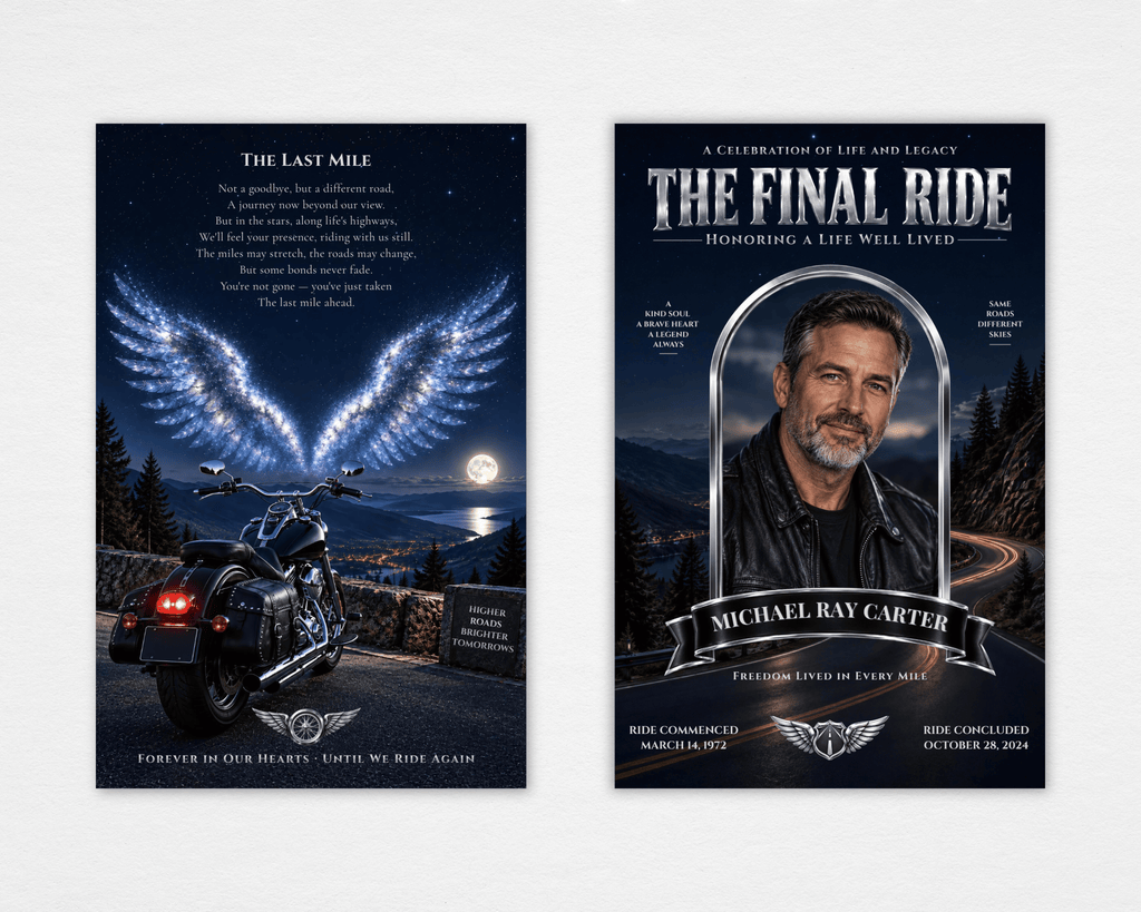 The Final Ride motorcycle memorial funeral program template — moonlit chrome cover and starlit wings back, Canva editable, print-ready
