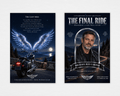 The Final Ride motorcycle memorial funeral program template — moonlit chrome cover and starlit wings back, Canva editable, print-ready