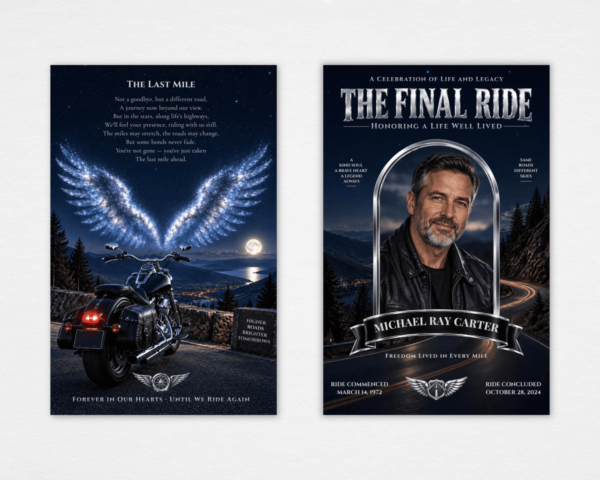 The Final Ride motorcycle memorial funeral program template — moonlit chrome cover and starlit wings back, Canva editable, print-ready