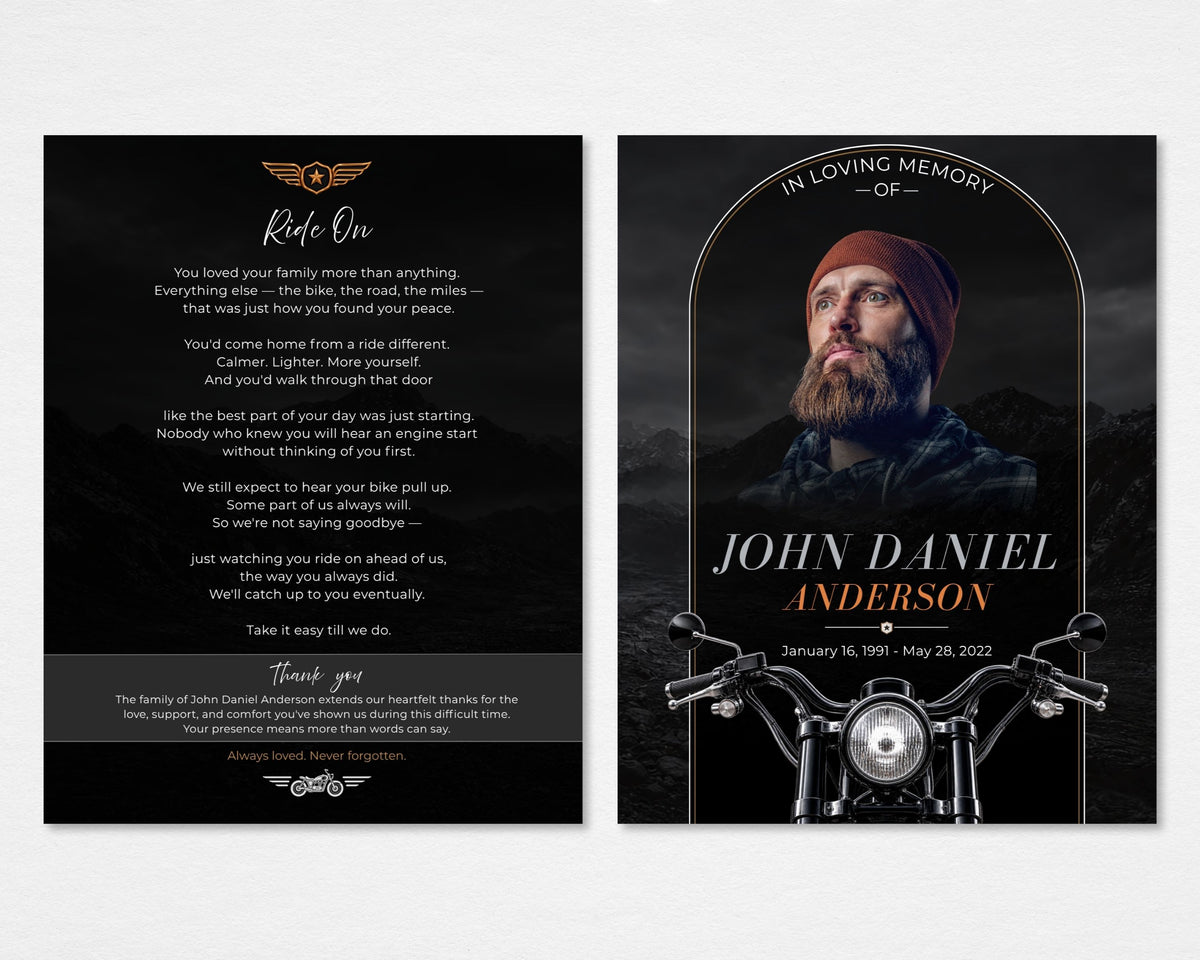 Beyond the Open Road funeral program mockup showing a black memorial cover with copper motorcycle details and a portrait beside a back page with the Ride On poem, Tabloid size