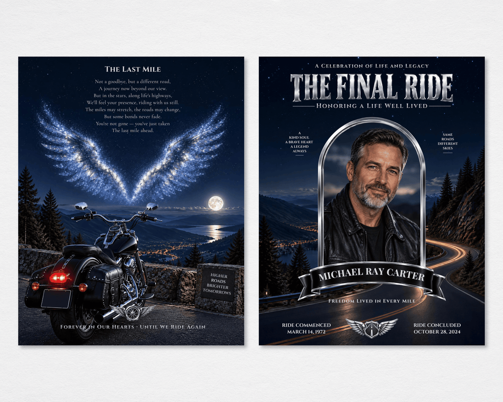 The Final Ride biker funeral program template in tabloid size — front and back cover, Canva editable, print-ready
