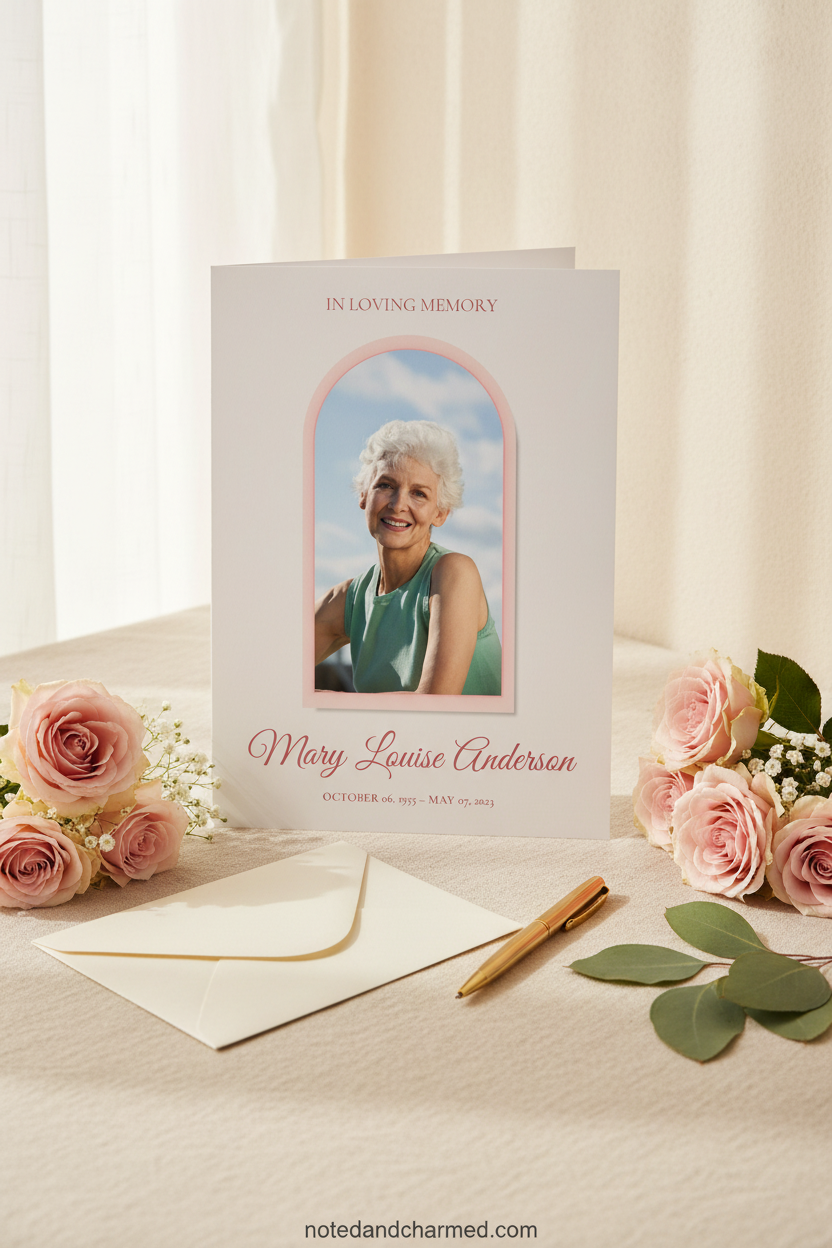 Blush pink arched funeral program template displayed as a printed product, styled on cream linen with roses, eucalyptus, and a gold pen — lifestyle flat lay