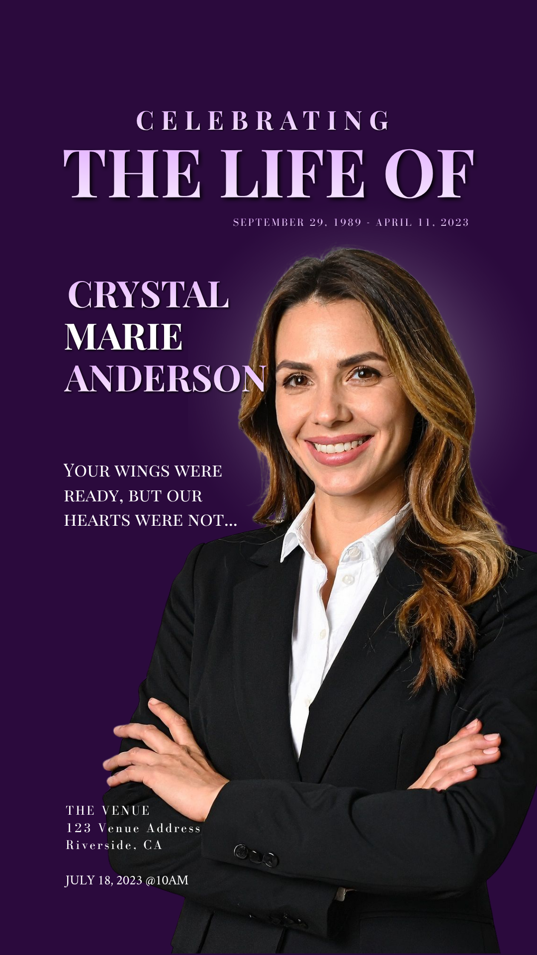 Velvet Tribute purple magazine-style funeral program template — animated digital version preview showing front cover and back page with What Matters Most poem