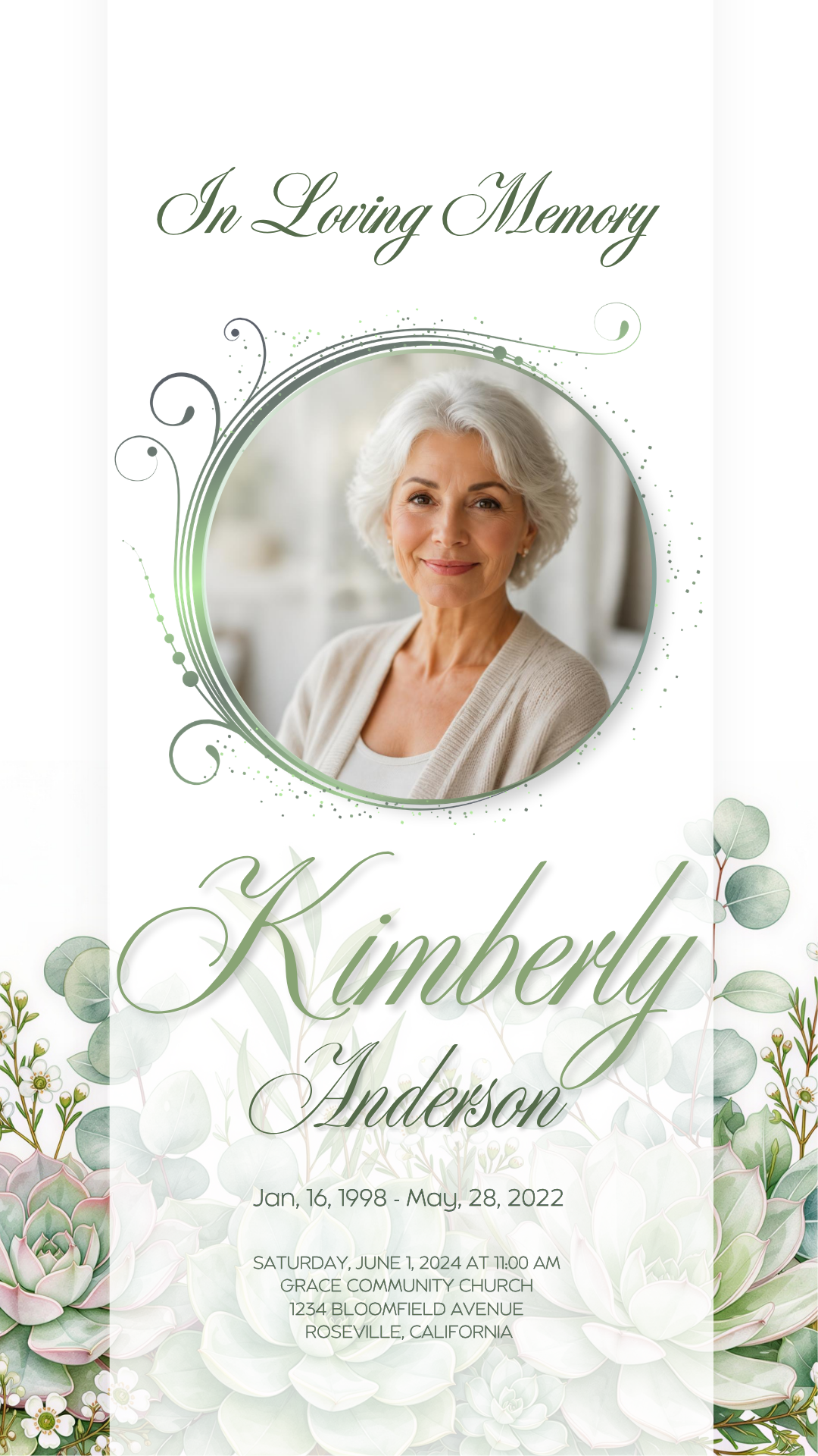 Green succulents and eucalyptus watercolor funeral program template — Canva editable design with ornate scroll circle photo frame, sage green botanical background, and A Softer Grace poem