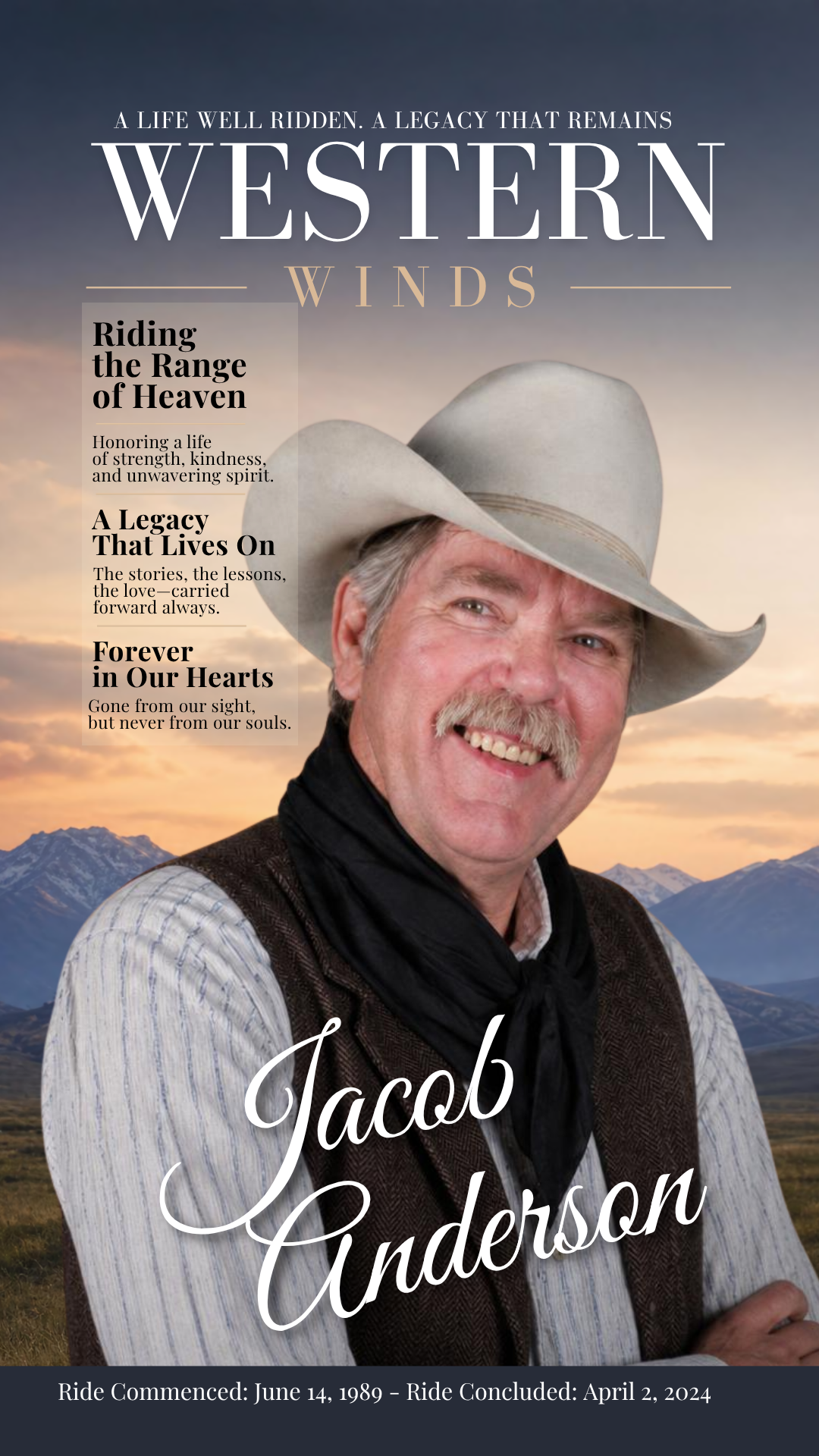 Western Winds digital funeral program template — animated MP4 version showing the magazine-style western design with navy and gold tones, bold WESTERN WINDS masthead, and cowboy portrait, optimized for sharing on social media, via text, or email