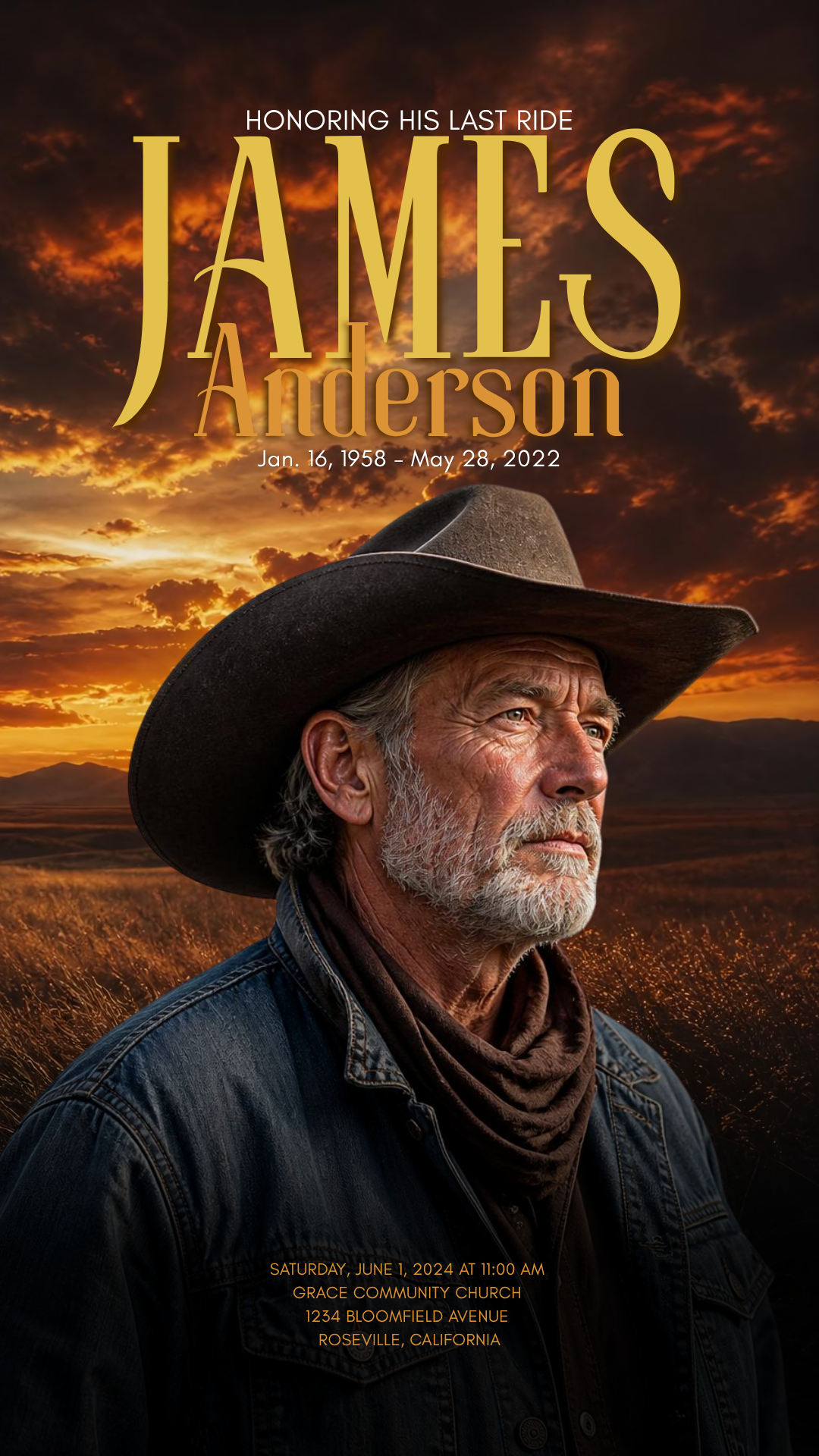 Cowboy funeral program template Open Range — animated digital version preview showing front cover and poem page, downloadable as MP4 to share on social media or via text and email