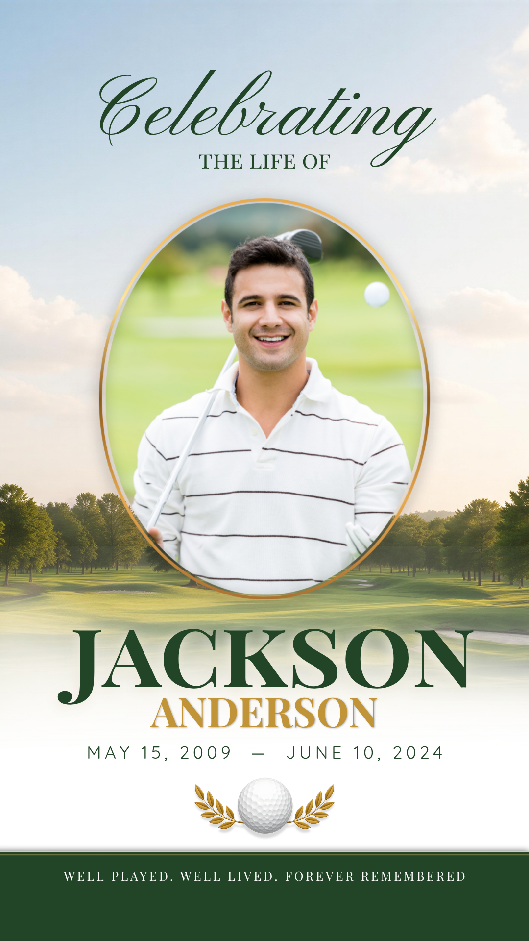 Golf funeral program template video preview — Fairway Classic design with fairway background, oval photo frame, and personalized name and dates