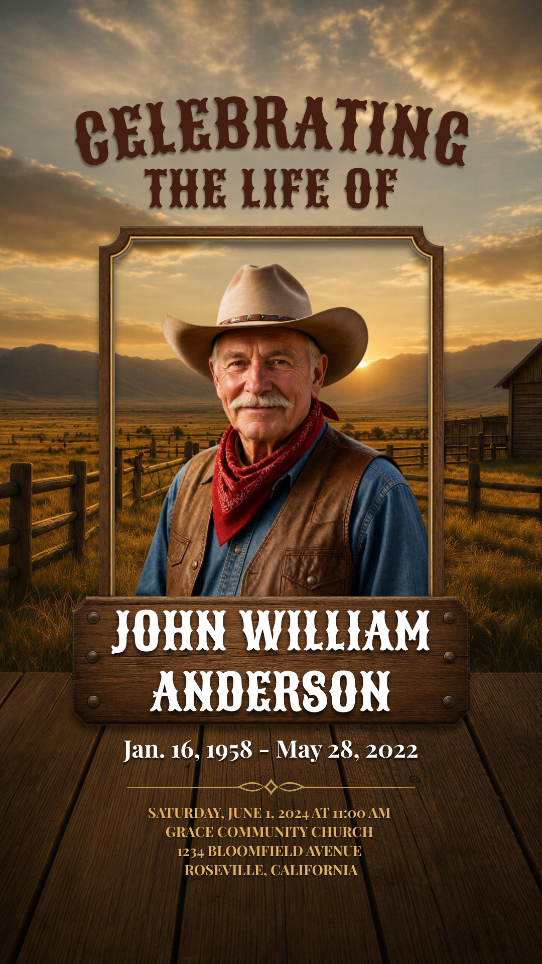 Cowboy Rides Away digital funeral program template — animated MP4 version showing the western design with deep brown leather tones, gold scroll borders, and bold cowboy typography, optimized for sharing on social media, via text, or email