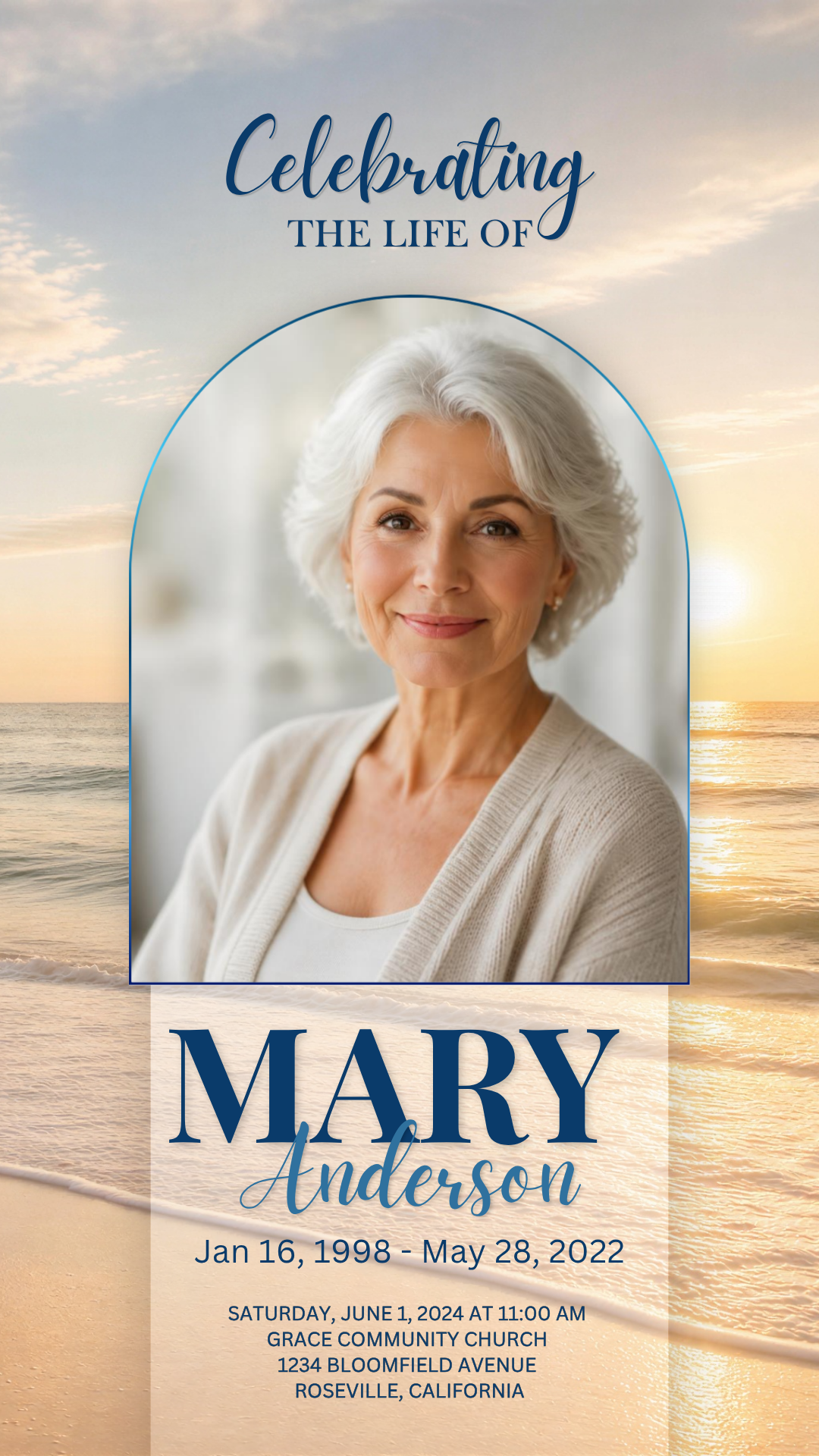 Golden Tide beach funeral program digital version — MP4 download with warm coastal sunset animation, shareable on social media, text, and email