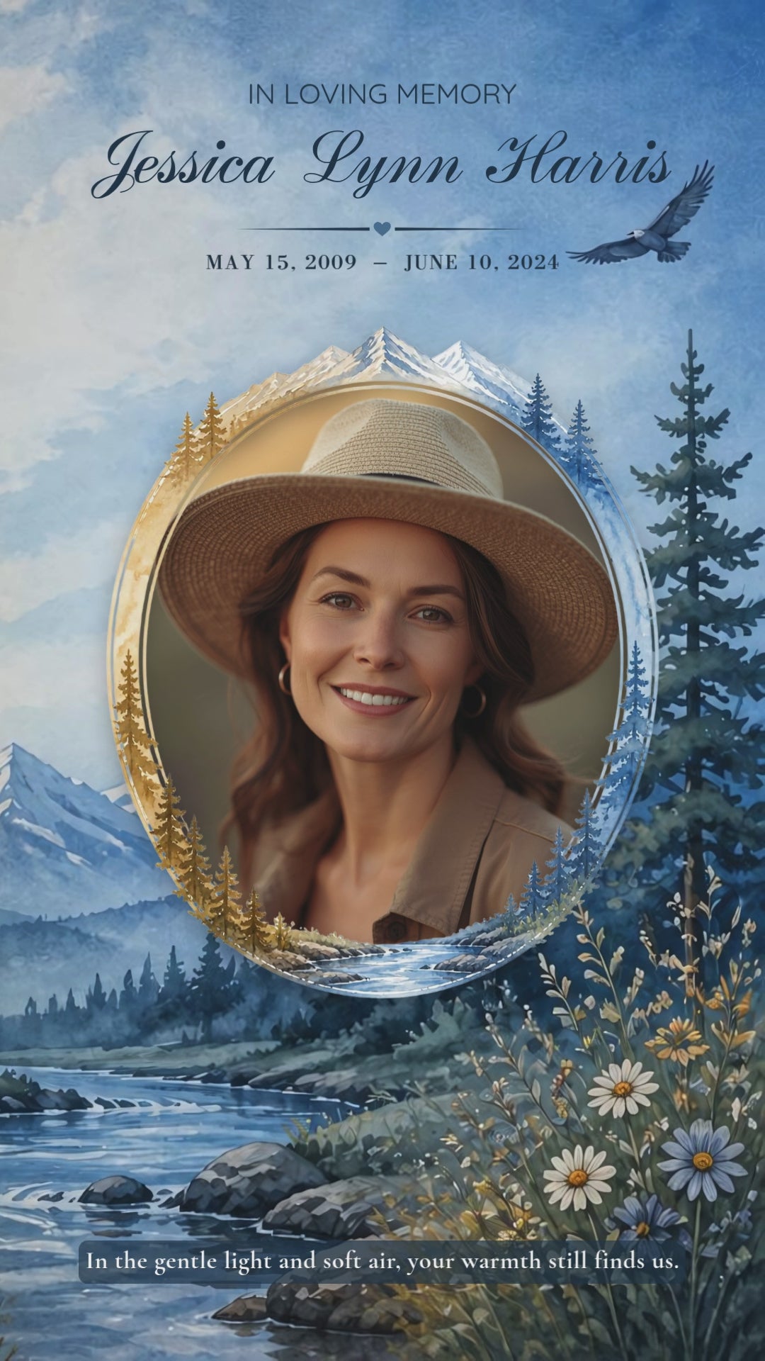 Rustic nature funeral program template digital version — animated MP4 slideshow for sharing on phones, social media, or via text and email
