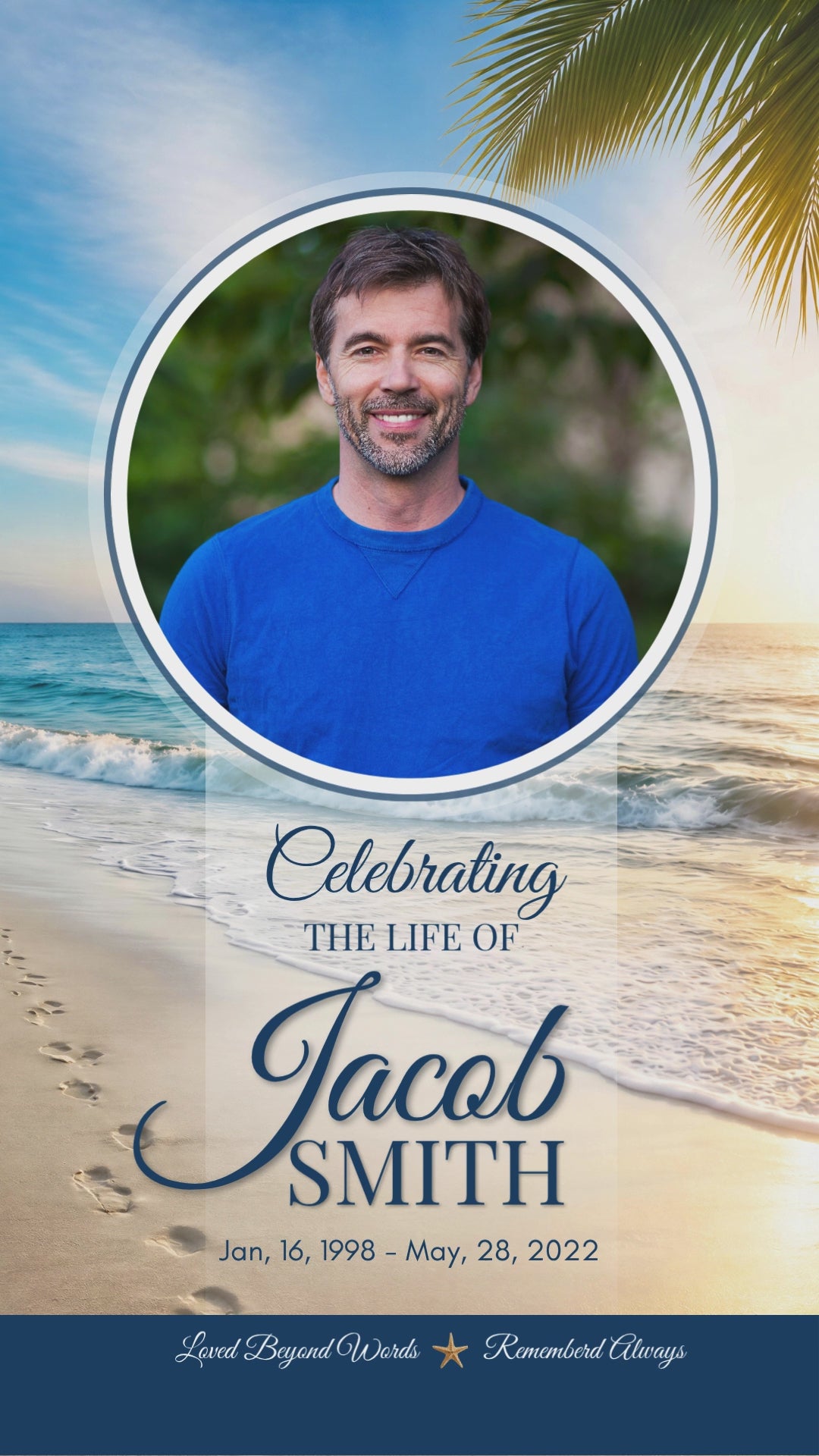 Peaceful Shore beach funeral program template — digital version preview showing coastal sunset design on mobile