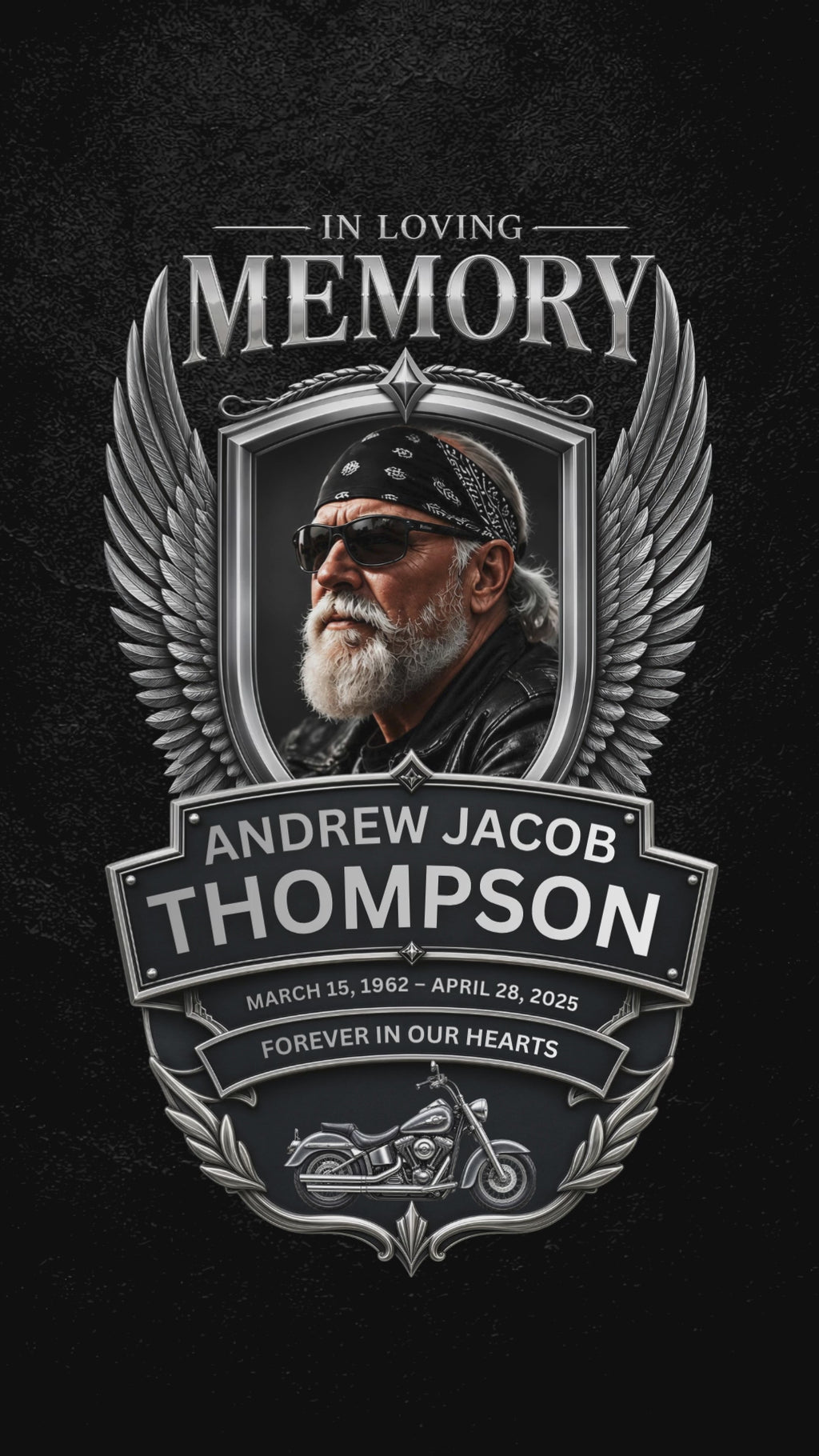 Iron Wings biker motorcycle funeral program template digital version preview — add background music in Canva and share as MP4