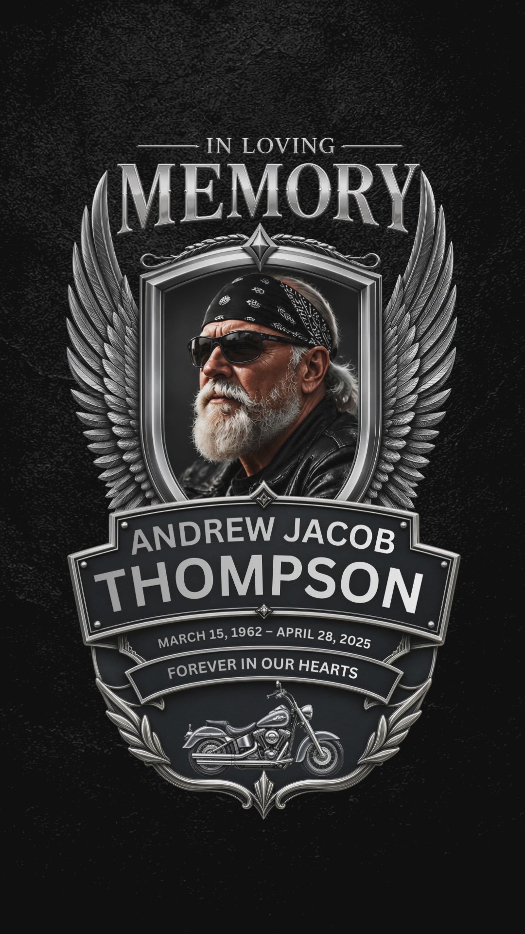 Iron Wings biker motorcycle funeral program template digital version preview — add background music in Canva and share as MP4