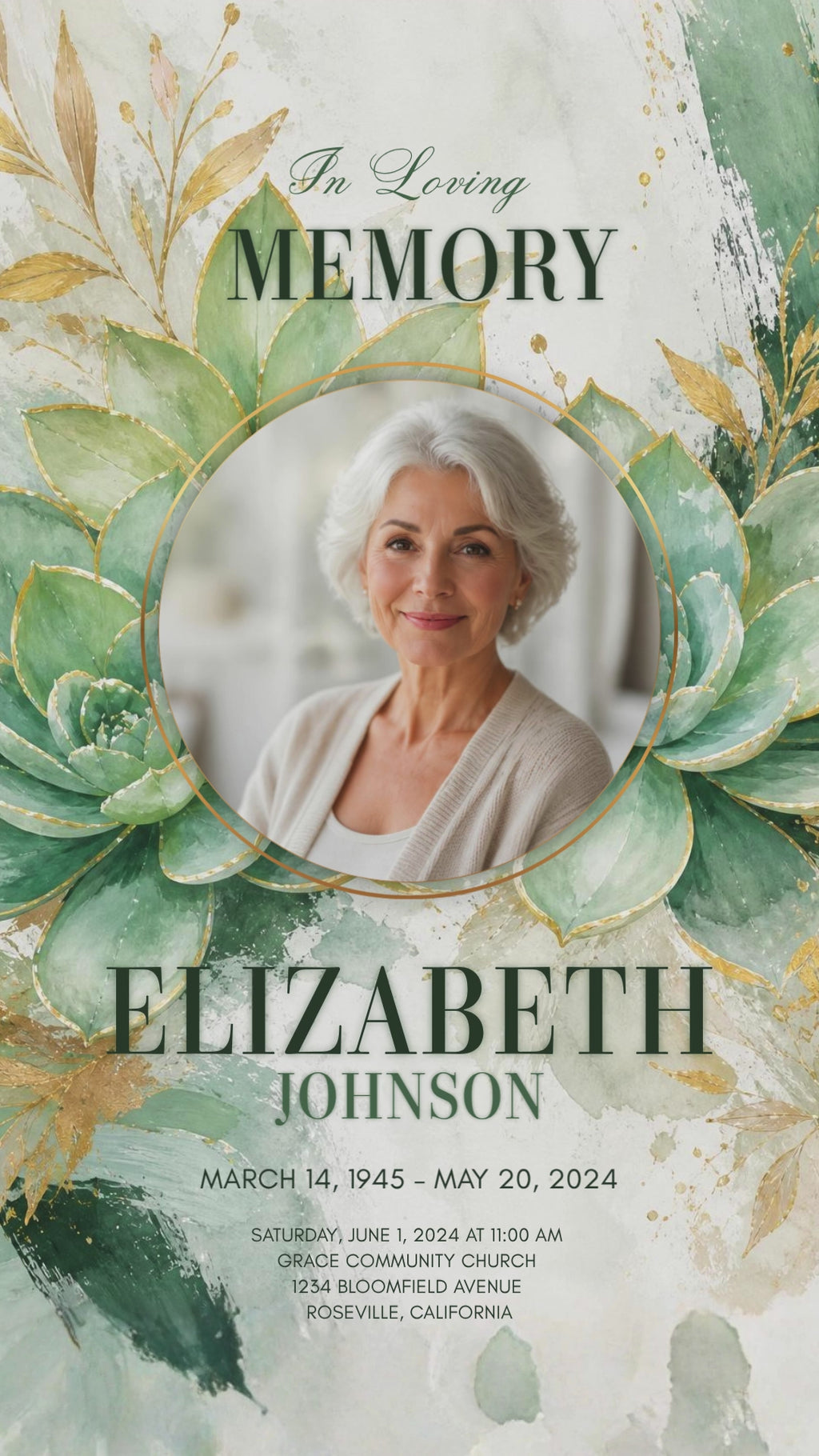 Succulent watercolor funeral program template — editable Canva design with gold circle photo frame, sage green botanical background, and The Beautiful Everyday poem
