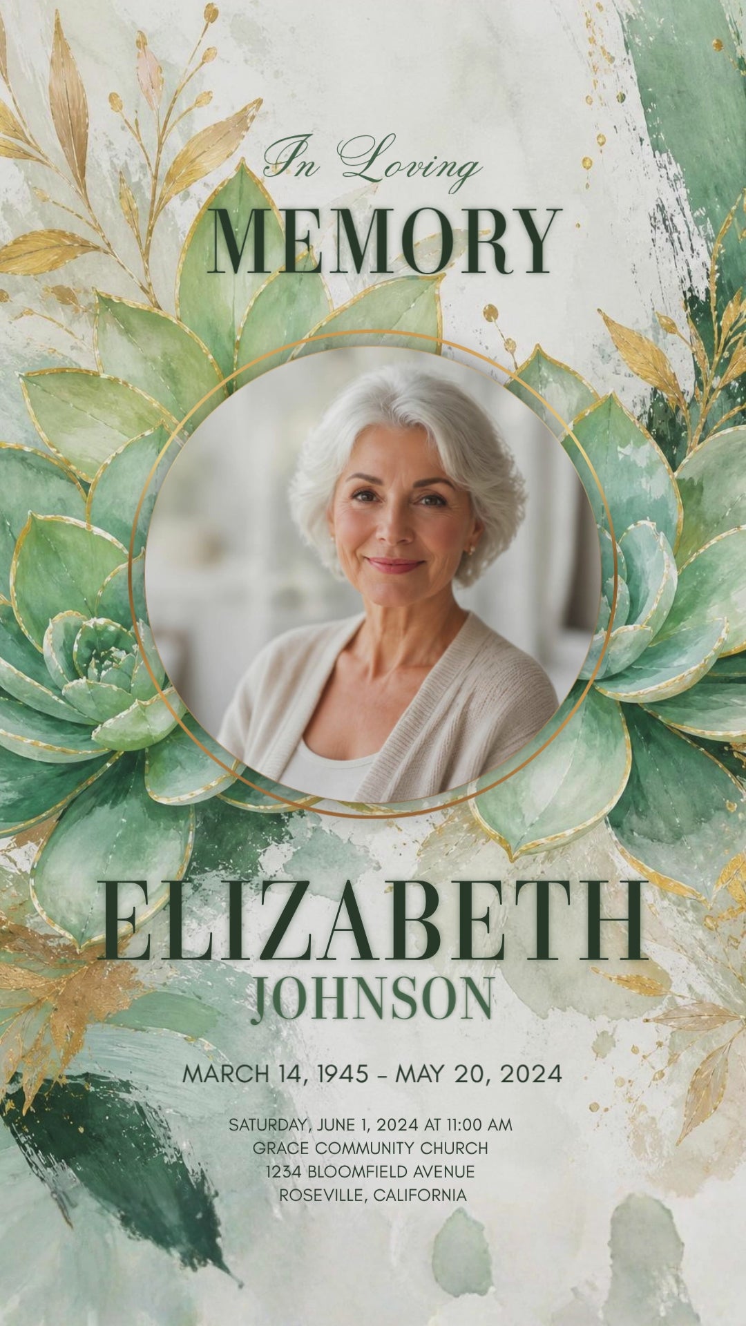 Succulent watercolor funeral program template — editable Canva design with gold circle photo frame, sage green botanical background, and The Beautiful Everyday poem