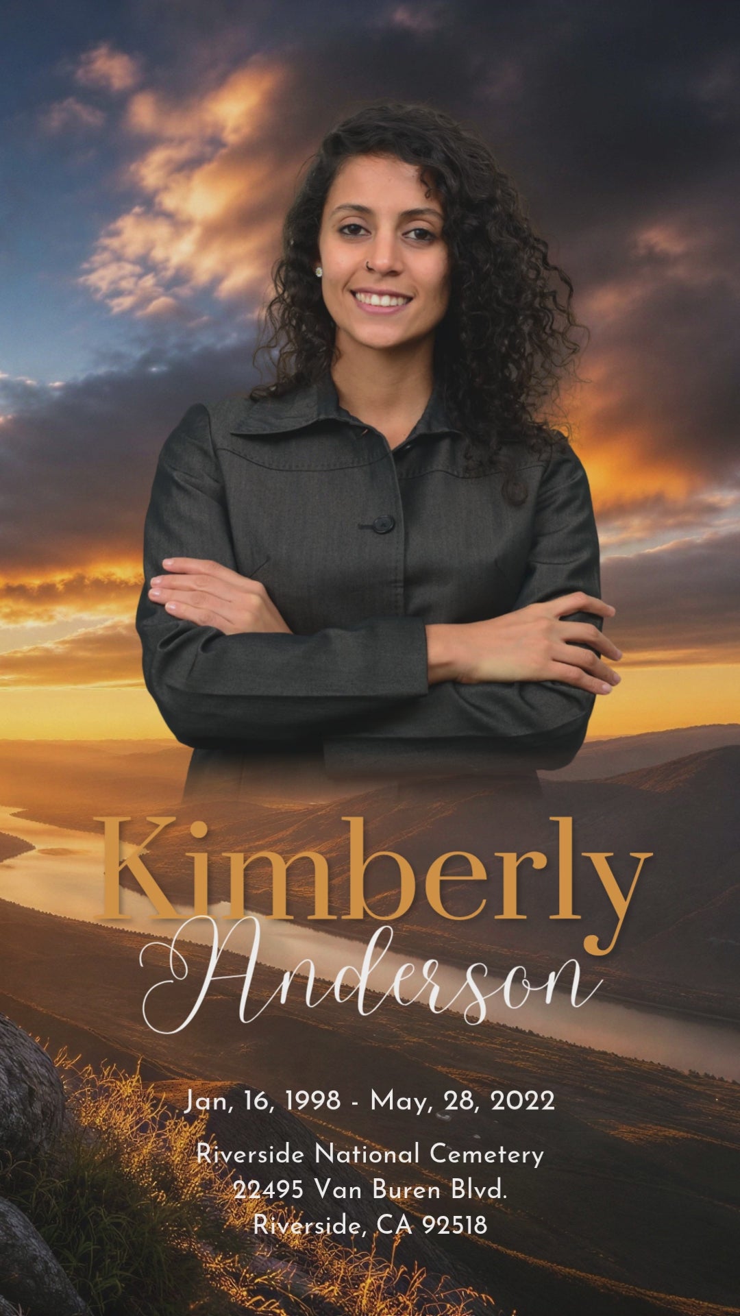 Golden Sunset Cross Christian funeral program template — editable Canva design with sunset cross, dove, Psalm 55:6, and blended portrait photo cover